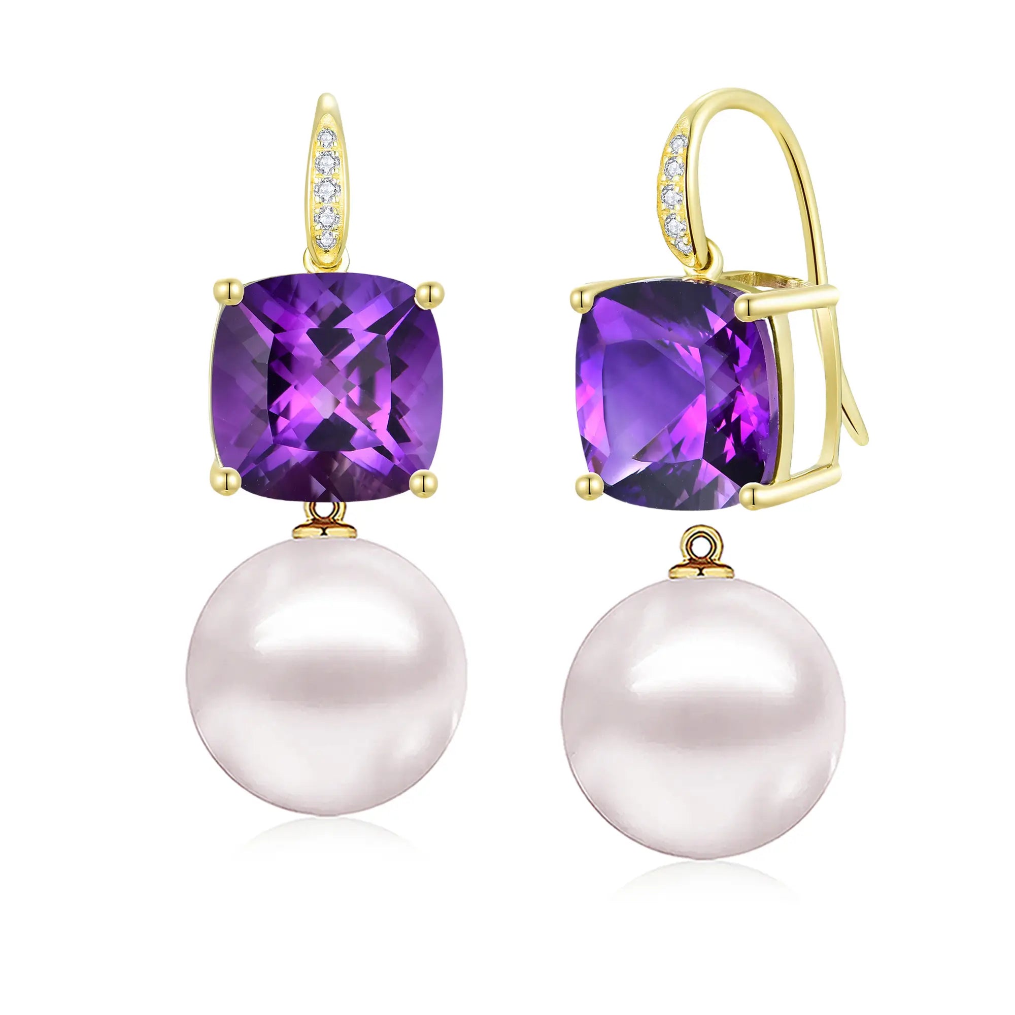 Radiant Cushion Amethyst Diamond Pearl Convertible Drop Earrings 14k yellow gold