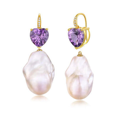 Radiant Heart Natural Amethyst Diamond Baroque Pearl Convertible Drop Earrings in 14k Gold