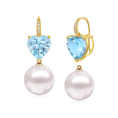 Radiant Heart Topaz Diamond Pearl Convertible Drop Earrings