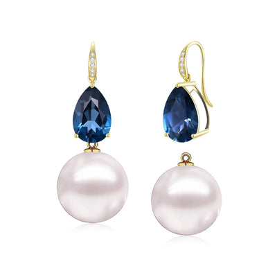 14k Gold Radiant Pear Natural London Blue Topaz Diamond Freshwater Pear;s Drop Earrings