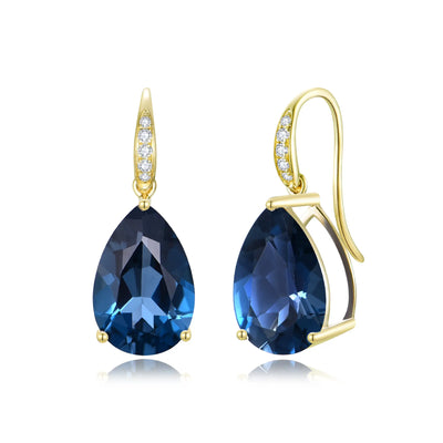 14k Gold Radiant Pear Natural London Blue Topaz Diamond Drop Earrings