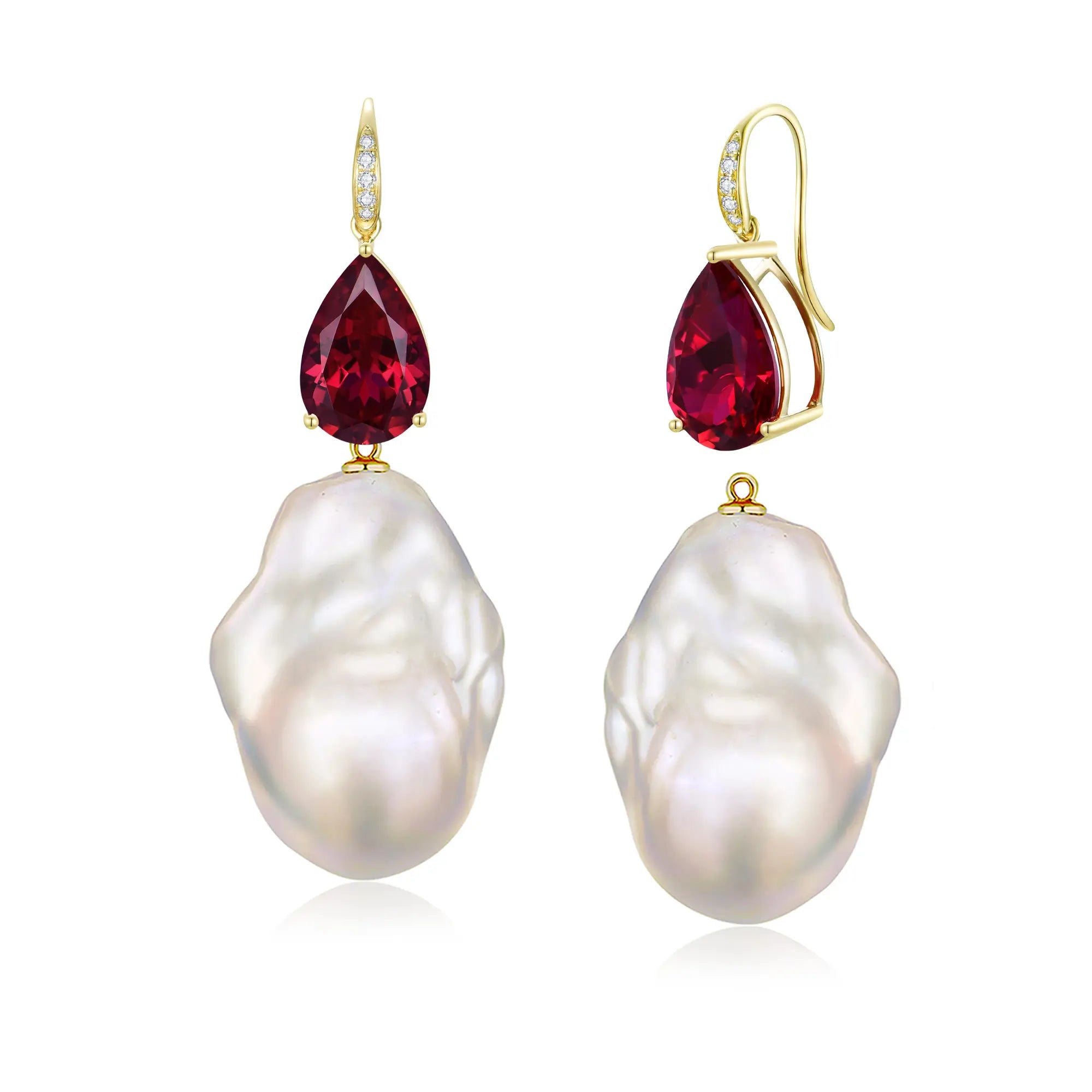 Radiant Pear 7.45ctw Lab-Grown Ruby Diamond Baroque Pearls Drop Earrings 14k gold