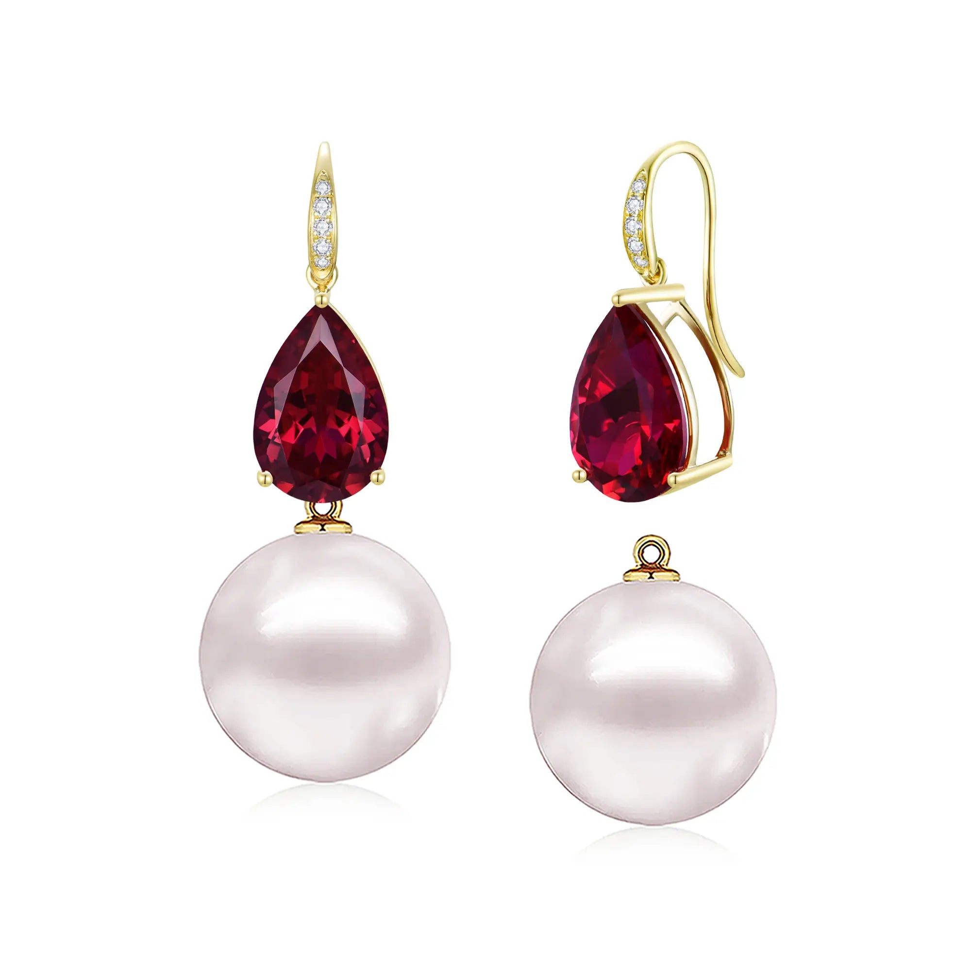 Radiant Pear 7.45ctw Lab-Grown Ruby Diamond Cultured Round Pearls Drop Earrings 14k gold