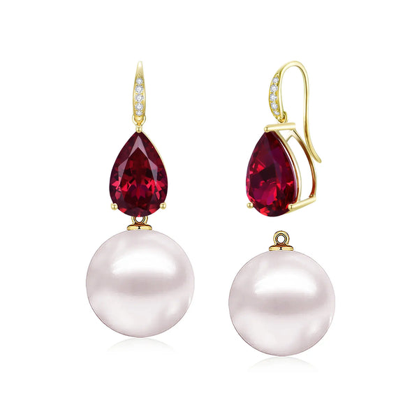 Radiant Pear 7.45ctw Lab-Grown Ruby Diamond Cultured Round Pearls Drop Earrings 14k gold
