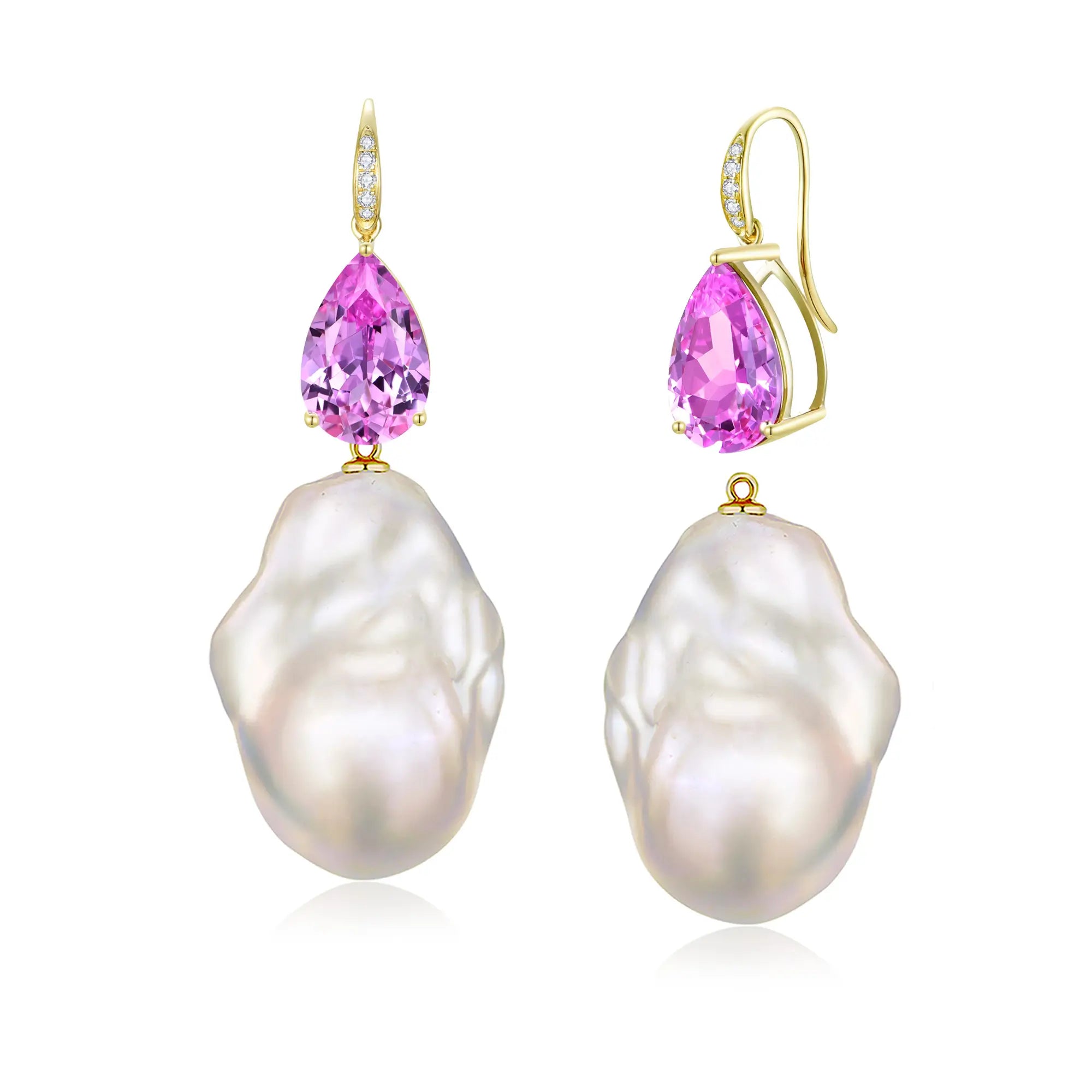 Radiant Pear 8.05ctw Lab-Grown Pink Sapphire & Diamond Baroque Pearls Drop Earrings 14k solid gold
