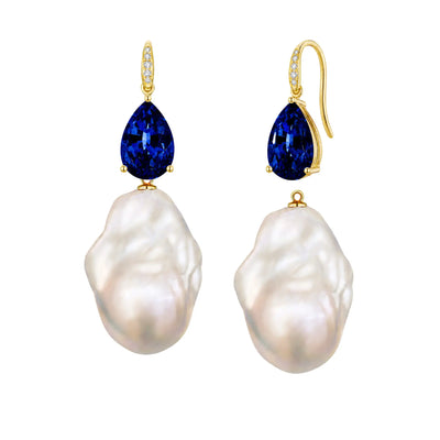 14k yellow gold Radiant 8.05 ctw Pear Lab-Grown Sapphire Diamond Baroque Pearl Convertible Drop Earrings