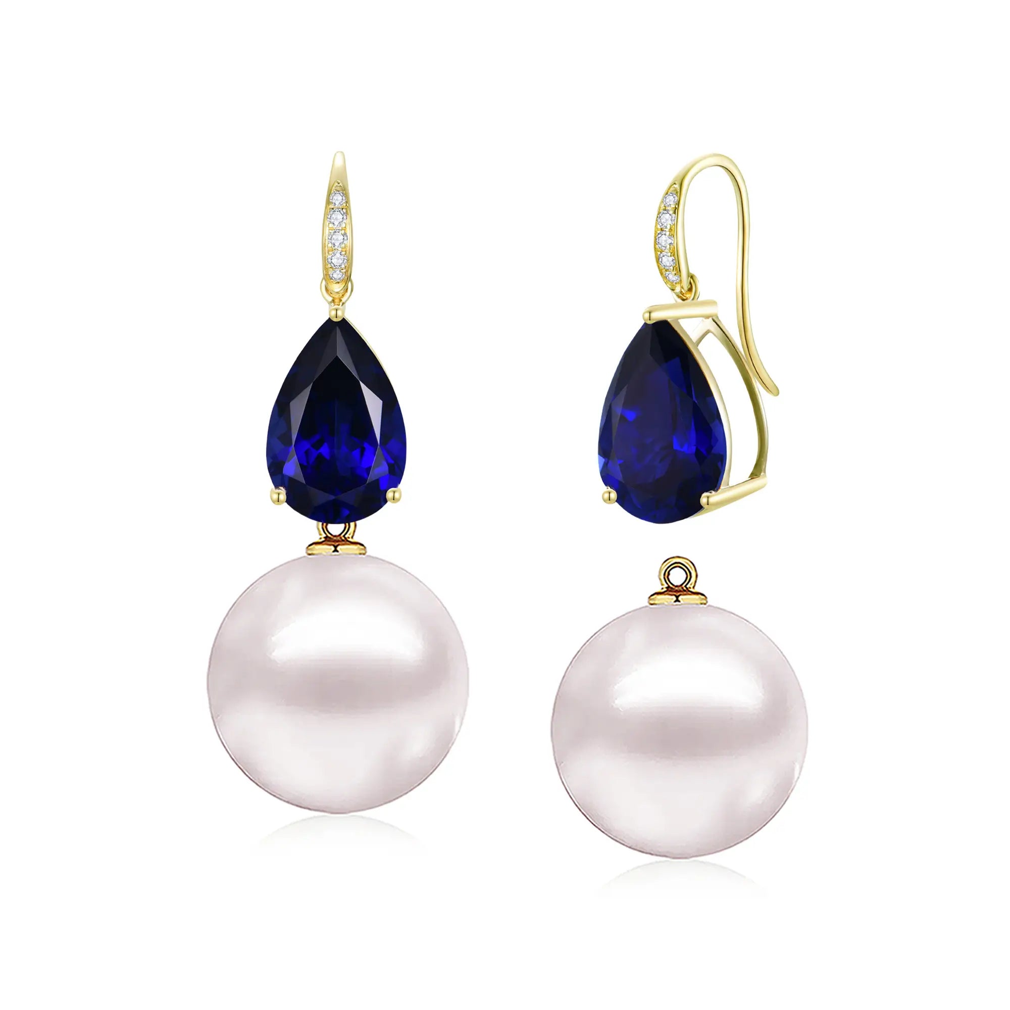 Radiant Pear 8.05ctw Lab-Grown Blue Sapphrie & Diamond Freshwater Pearls Convertible Drop Earrings in 14k gold