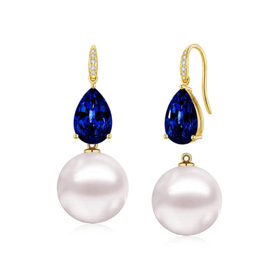 14k yellow gold Radiant 8.05 ctw Pear Lab-Grown Sapphire Diamond Cultured Pearl Convertible Drop Earrings