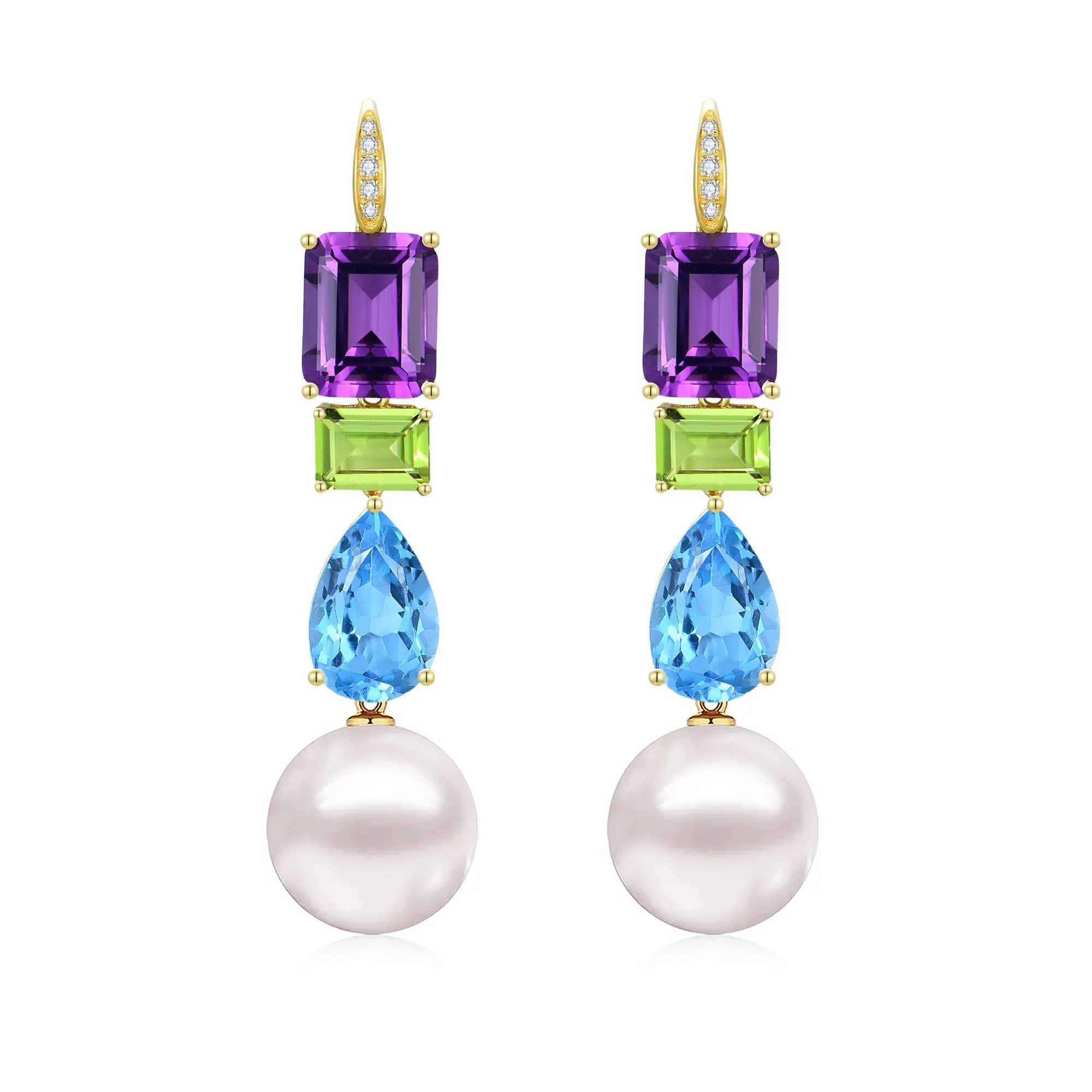 GemFusion Natural Amethyst Peridot Topaz Diamond Pearl Convertible Drop Earrings 14k yellow gold