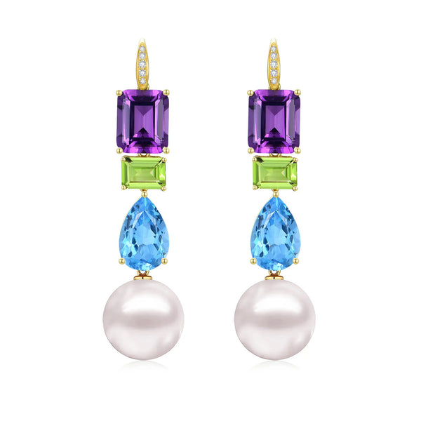 GemFusion Natural Amethyst Peridot Topaz Diamond Pearl Convertible Drop Earrings 14k yellow gold