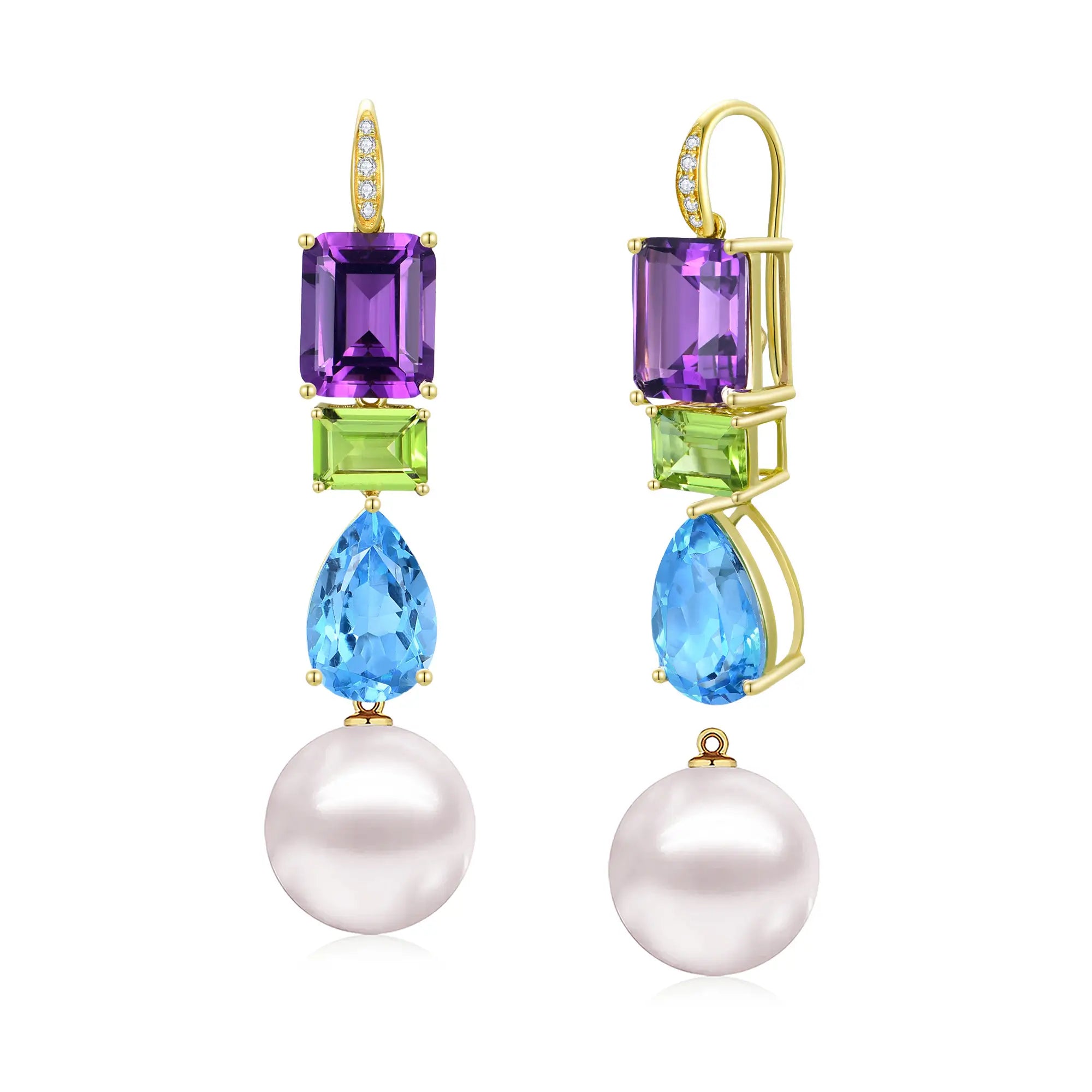 GemFusion Natural Amethyst Peridot Topaz Diamond Pearl Convertible Drop Earrings 14k yellow gold