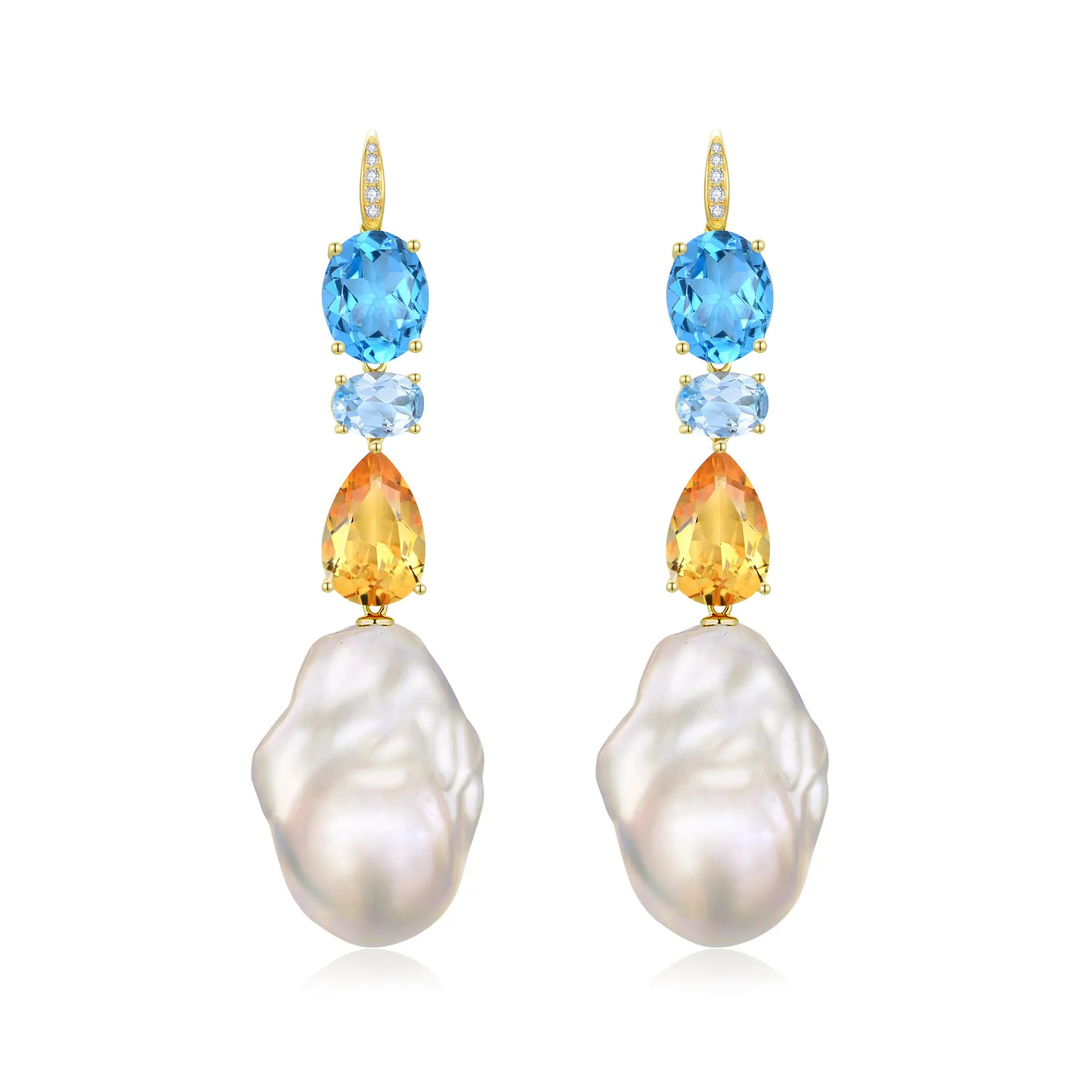 GemFusion Natural Topaz Aquamarine Citrine Diamond Baroque Pearl Convertible Drop Earrings 14k yellow gold
