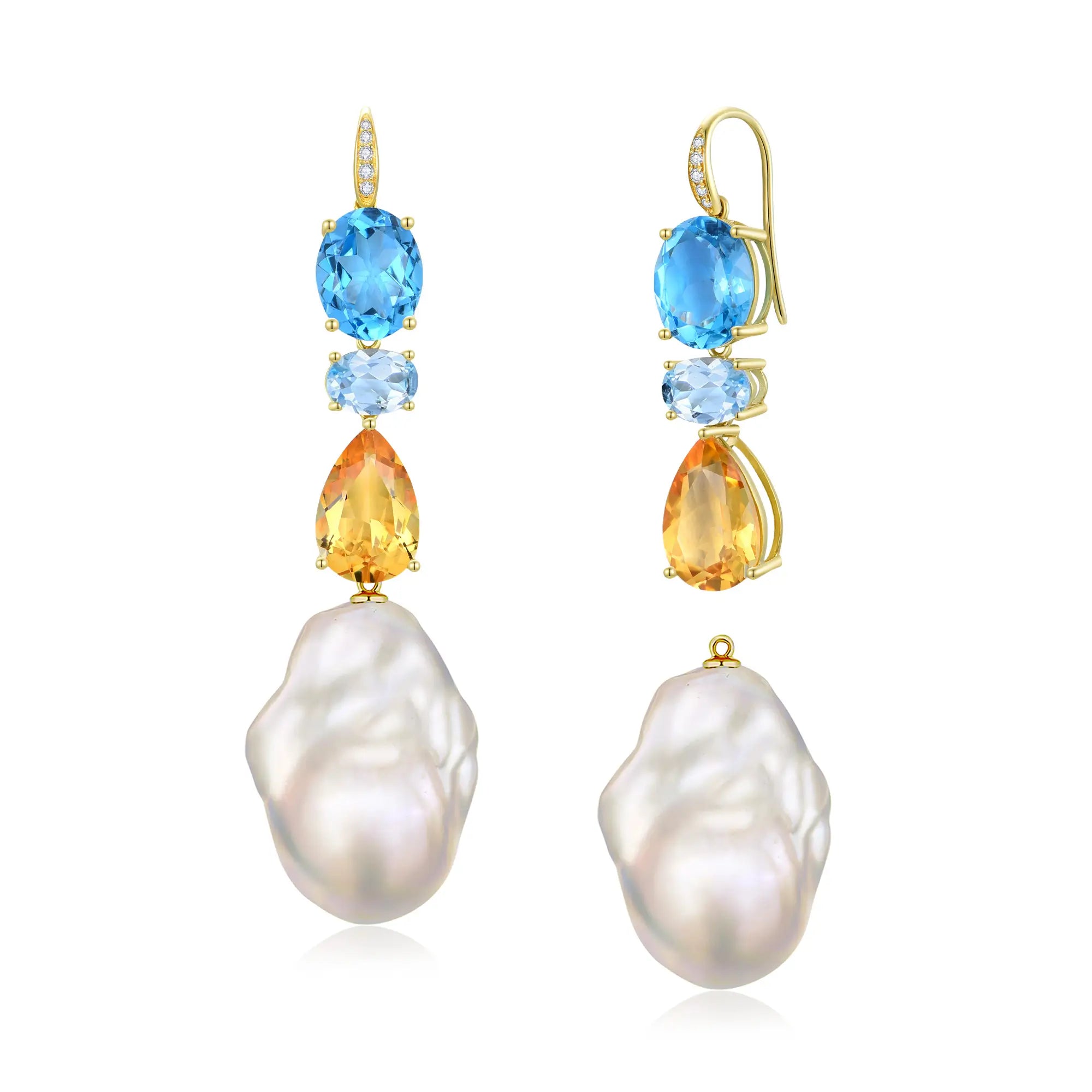 GemFusion Natural Topaz Aquamarine Citrine Diamond Baroque Pearl Convertible Drop Earrings 14k yellow gold