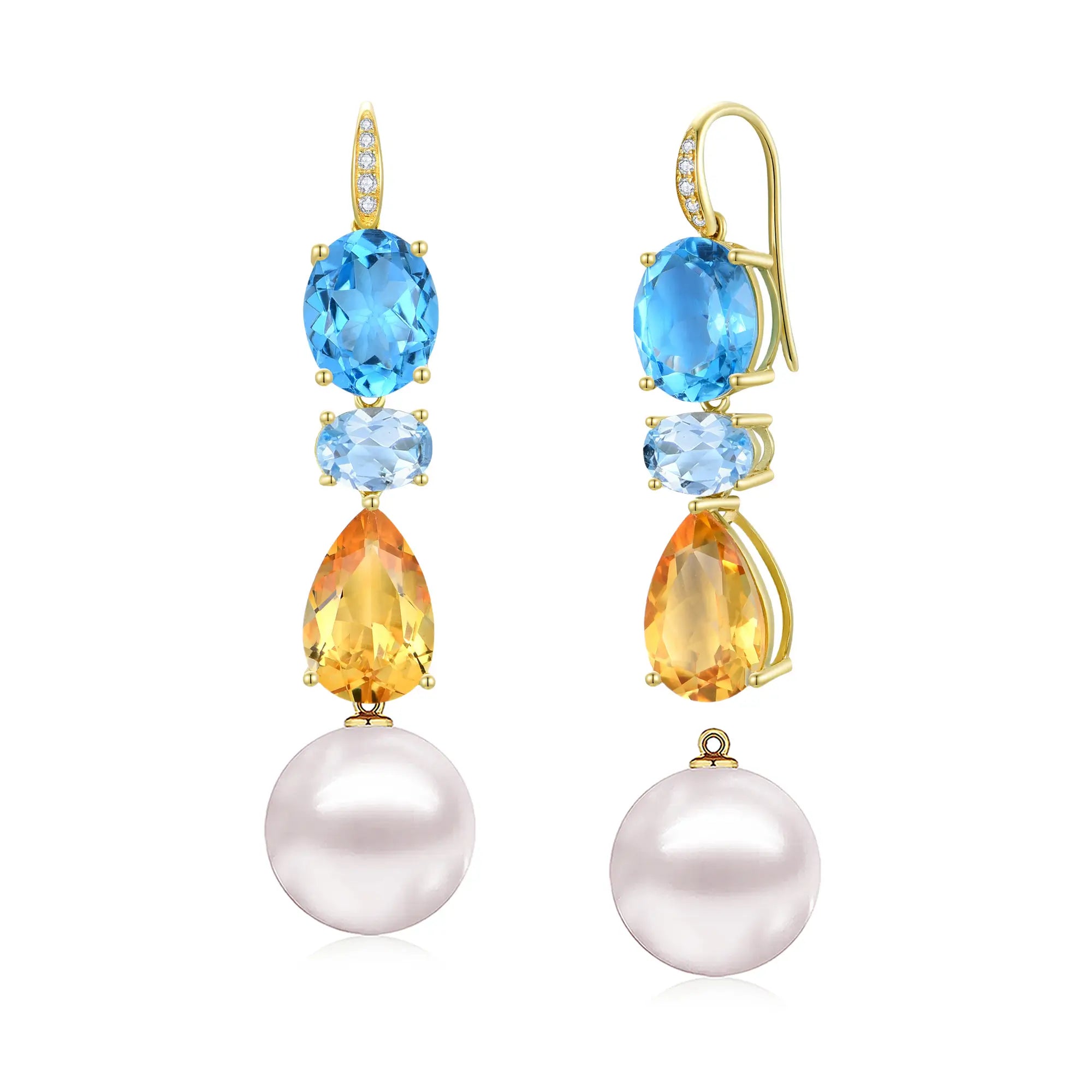 GemFusion Natural Topaz Aquamarine Citrine Diamond Freshwater Pearl Convertible Drop Earrings 14k gold