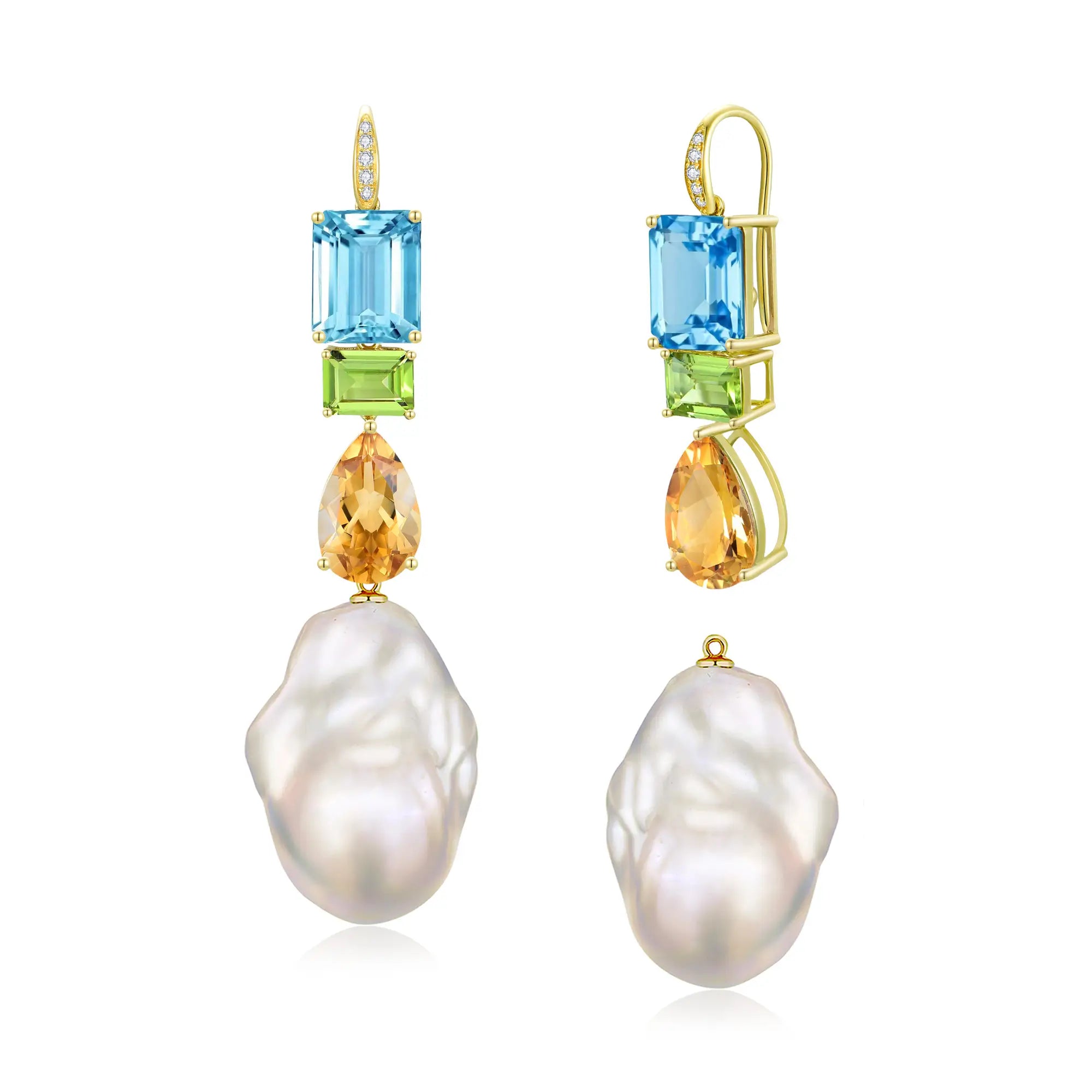 GemFusion Natura Topaz Peridot Citrine Diamond Baroque Pearl Convertible Drop Earrings 14k yellow gold
