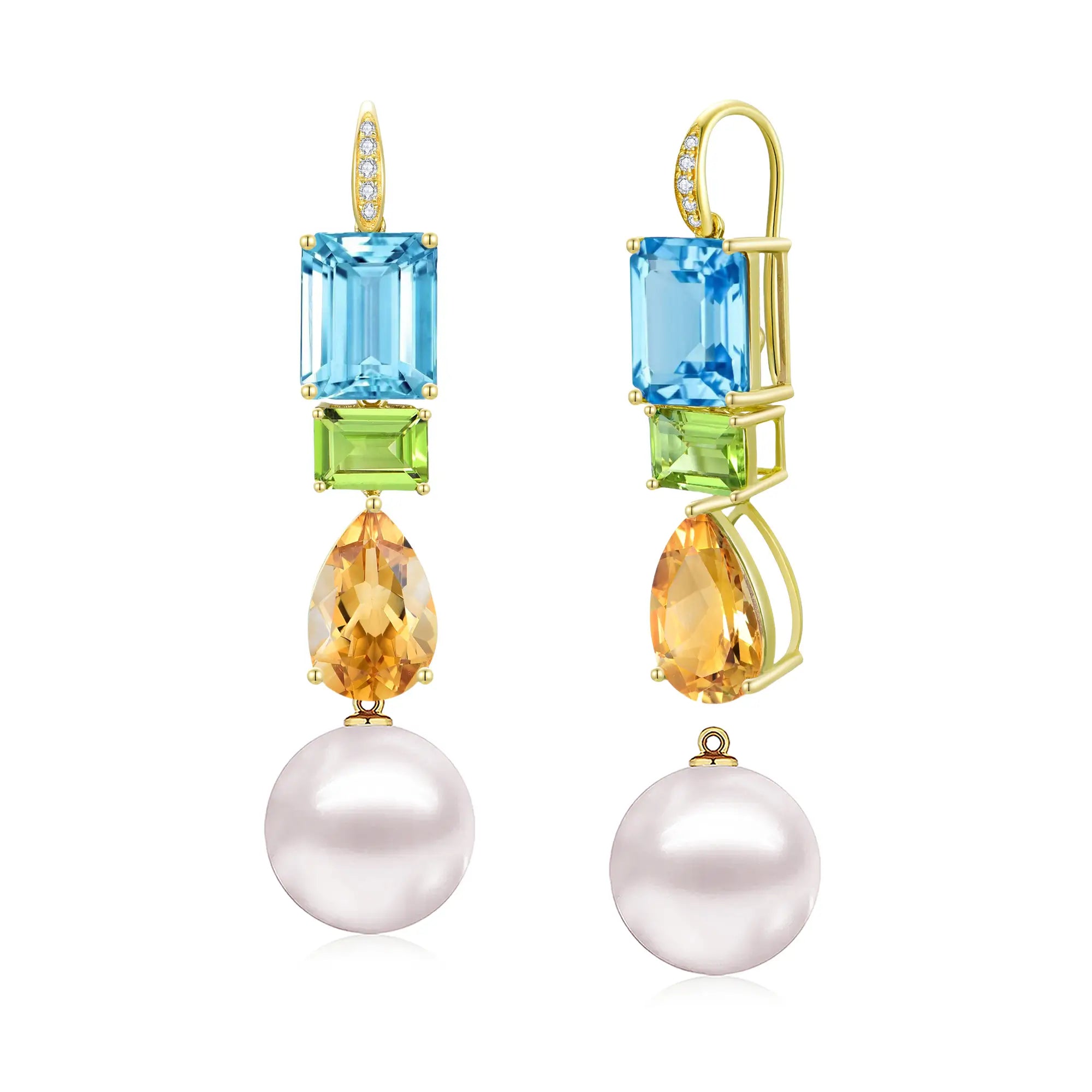 GemFusion Natural Topaz Peridot Citrine Diamond Pearl Convertible Drop Earrings 14k yellow gold