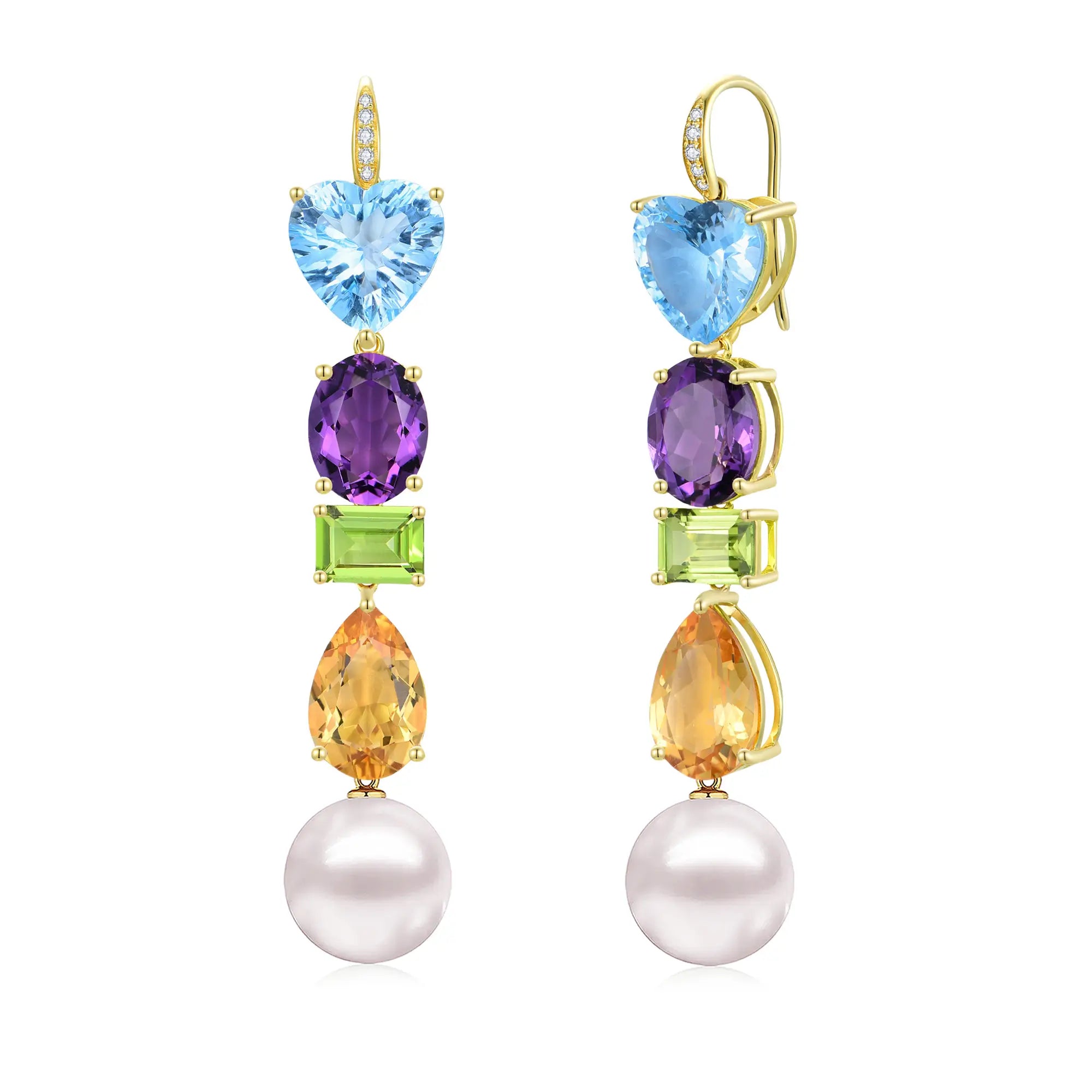 GemFusion Topaz Amethyst Peridot Citrine Diamond Pearl Convertible Drop Earrings 14K yellow gold