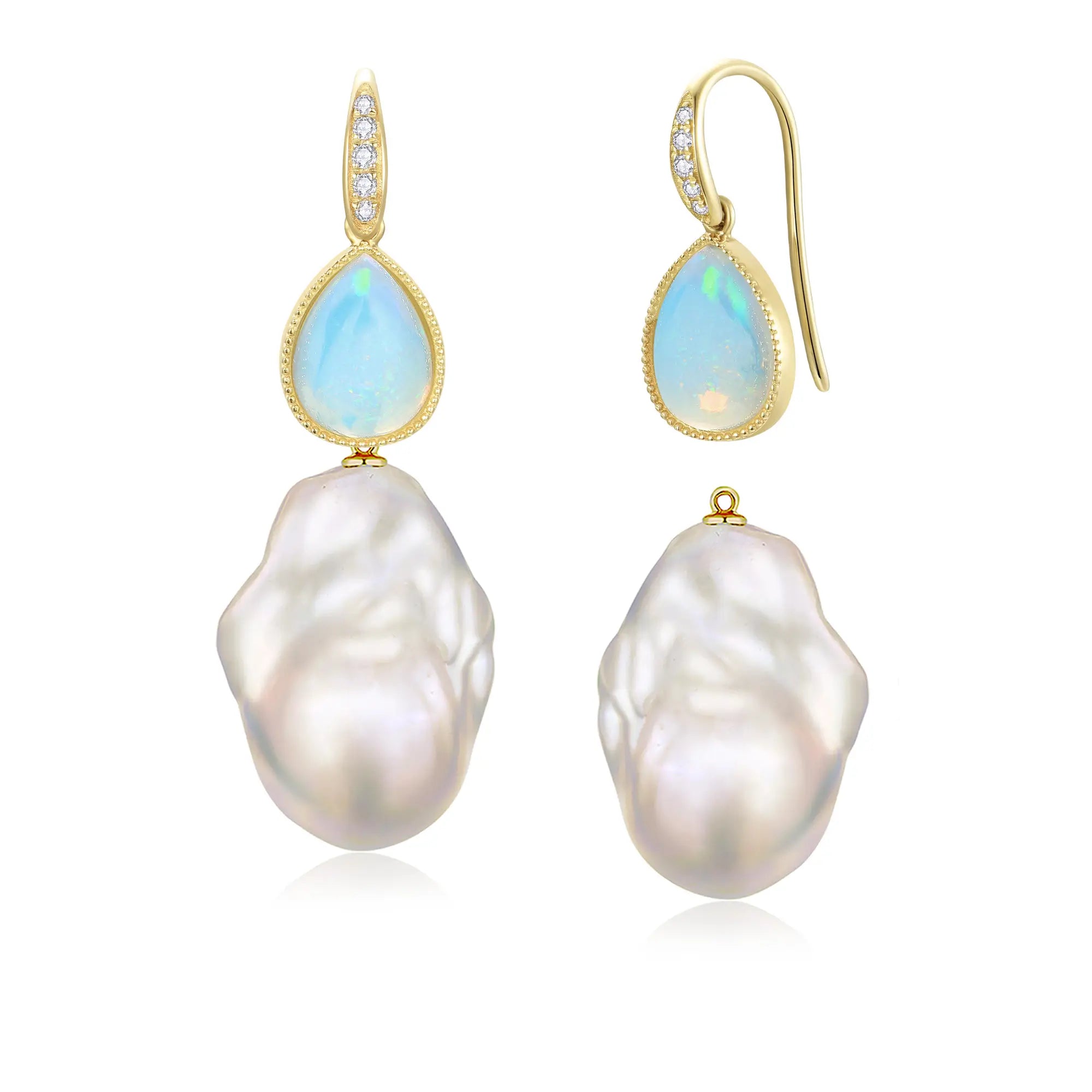 Aurora Pear Natural Fire Opal Diamond Baroque Pearl Convertible Drop Earrings 14k yellow gold