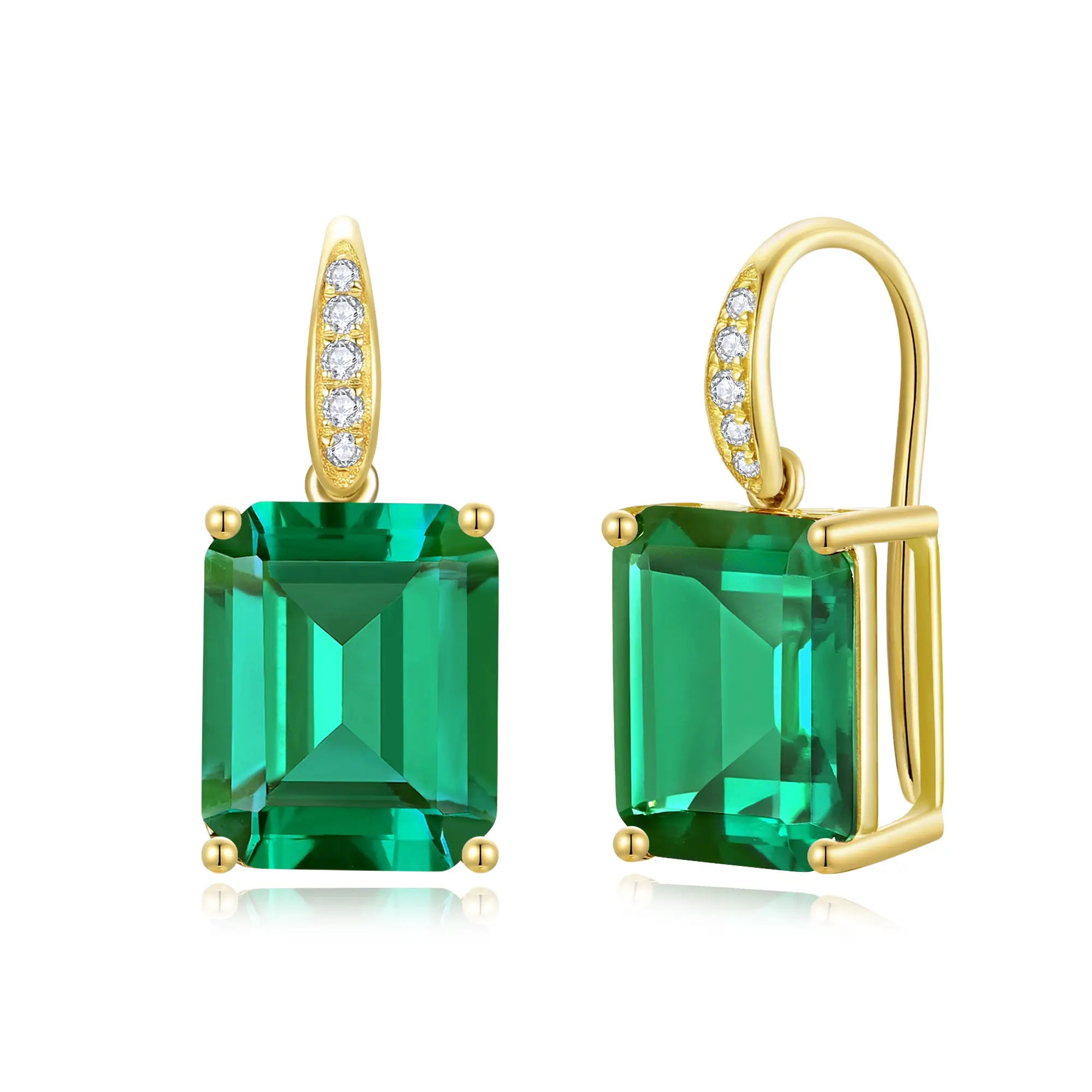 Radiant 6.85ctw Lab-Grown Emerald Diamond Drop Earrings in 14k yellow gold