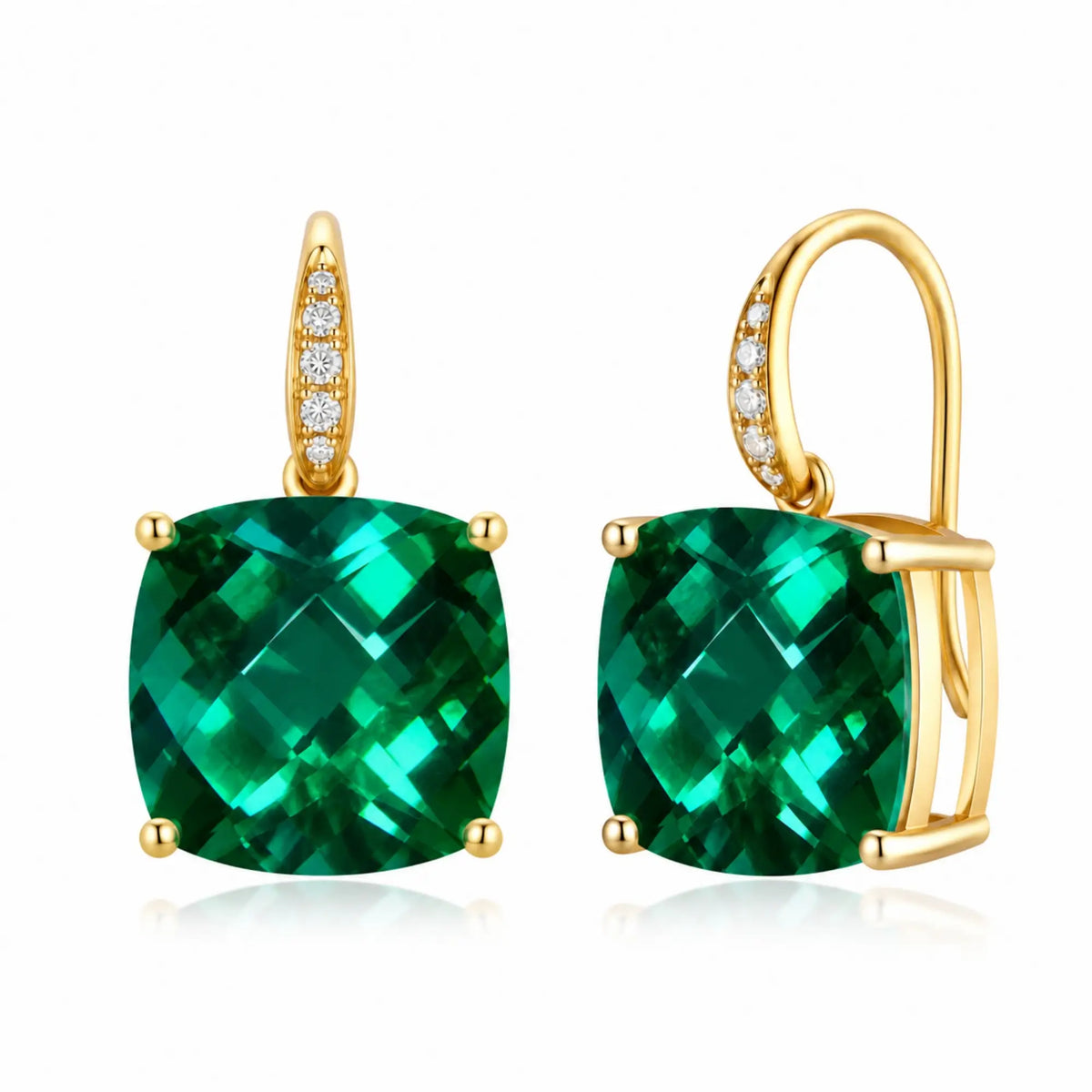 14k yellow gold Radiant Cushion Lab-Grown Emerald Diamond Drop Earrings