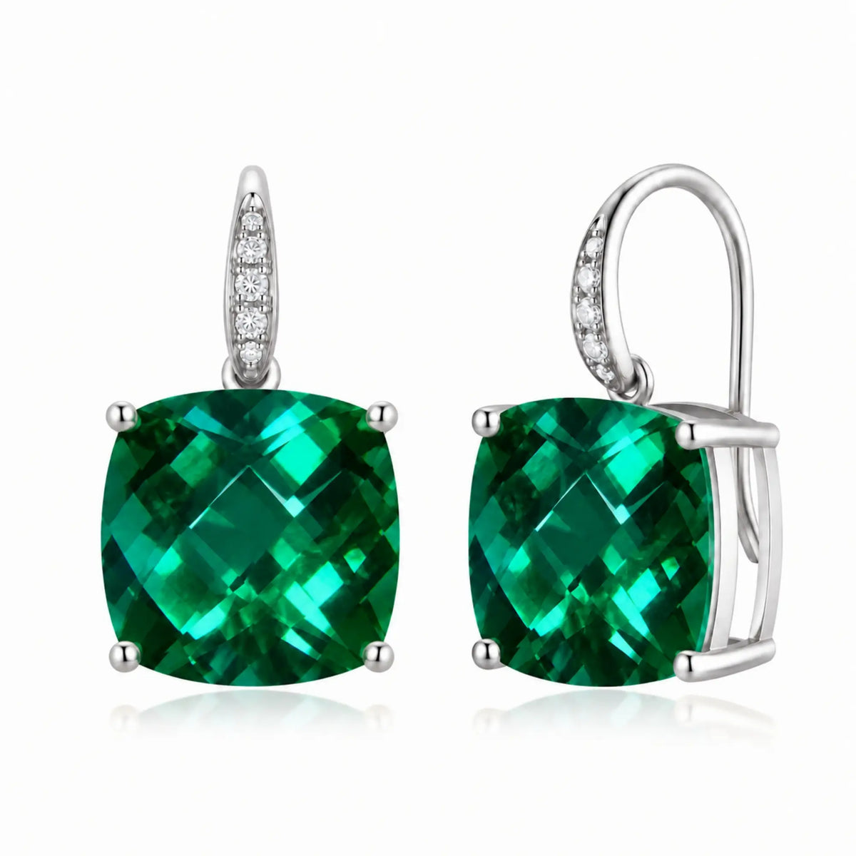 14k white gold Radiant Cushion Lab-Grown Emerald Diamond Drop Earrings