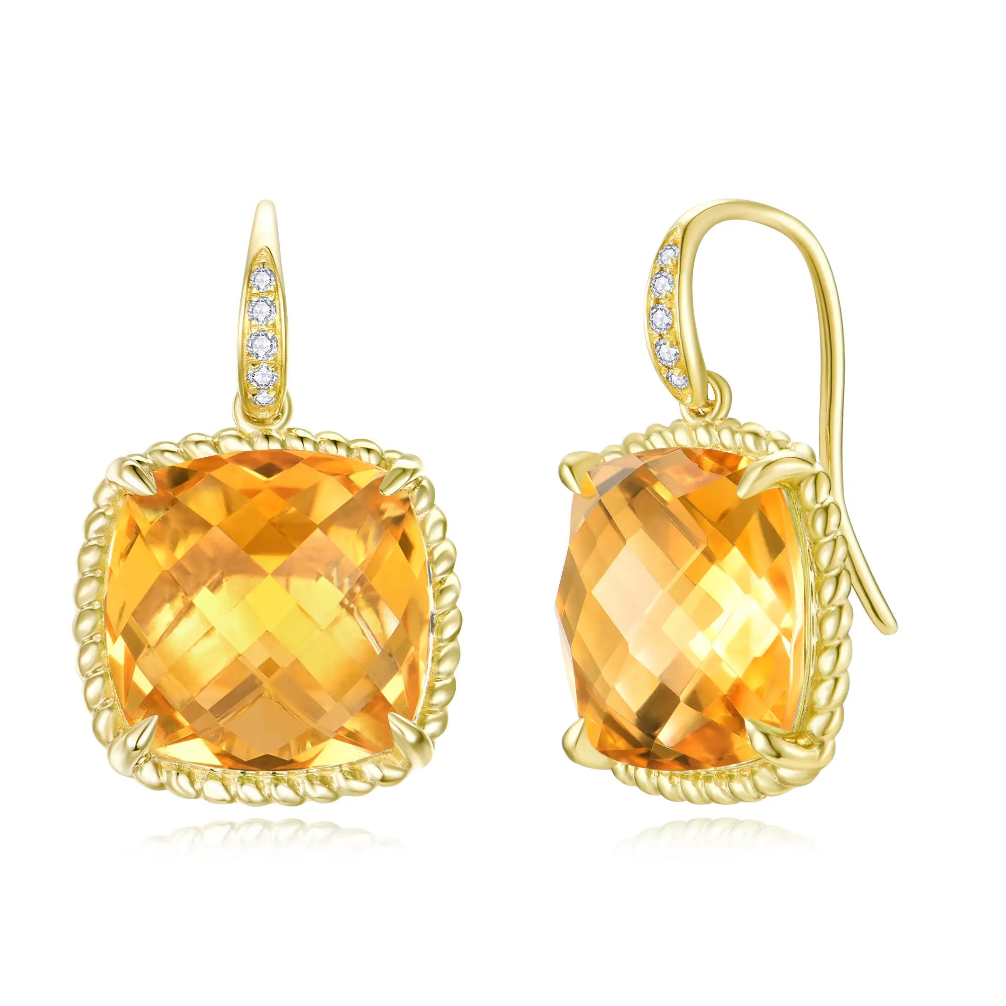 Reflection Cushion Natural 14.05ctw Citrine Diamond Drop Earrings in 14k yellow gold