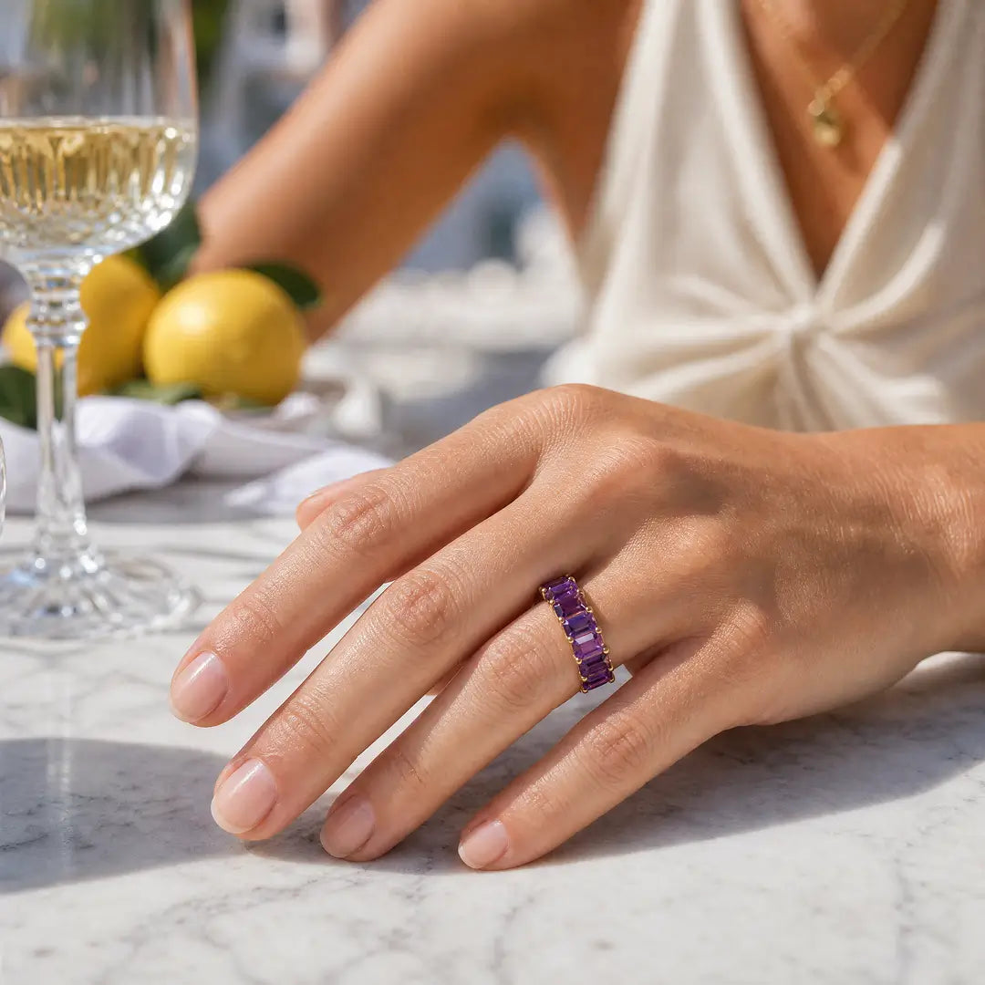 kai fine jewelry Nora 9 ctw Emerald-Cut naturak Amethyst Eternity Ring in 14k yellow gold