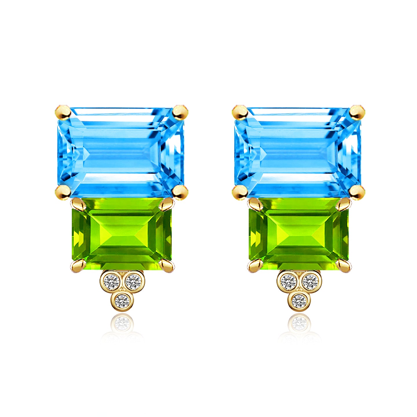 Emerald Cut Natural Topaz Peridot Diamond Earrings 14k yellow gold