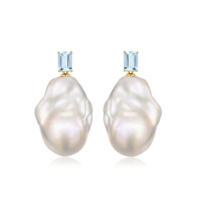 emerald cut sky blue aquamarine baroque pearl convertible drop earrings 14k yellow gold solid gold