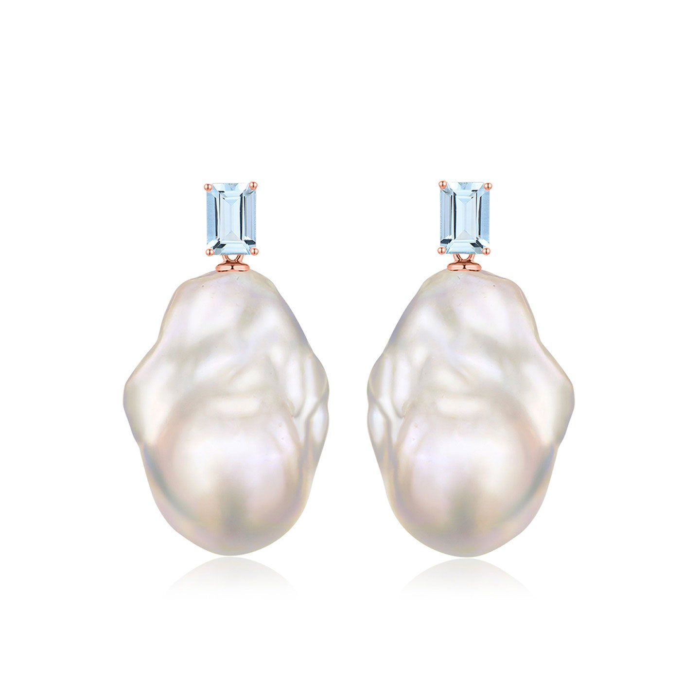 14k rose gold emerald cut sky blue aquamarine baroque pearl convertible drop earrings 