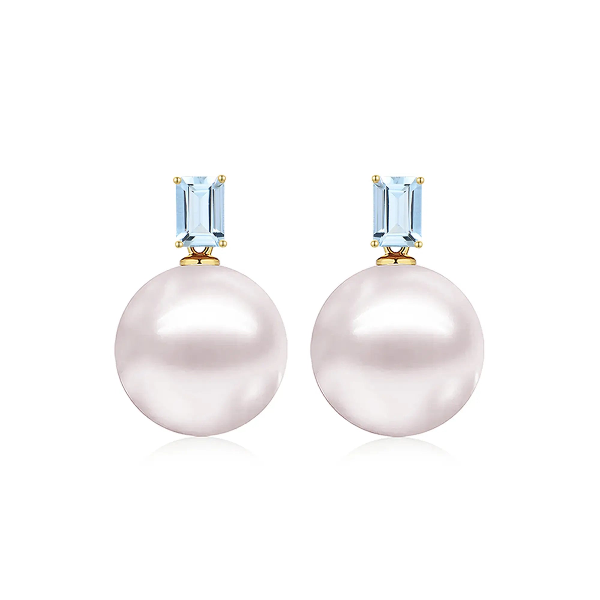 Natural Emerald-Cut Aquamarine Round Pearl Convertible Drop Earrings 14k yellow gold