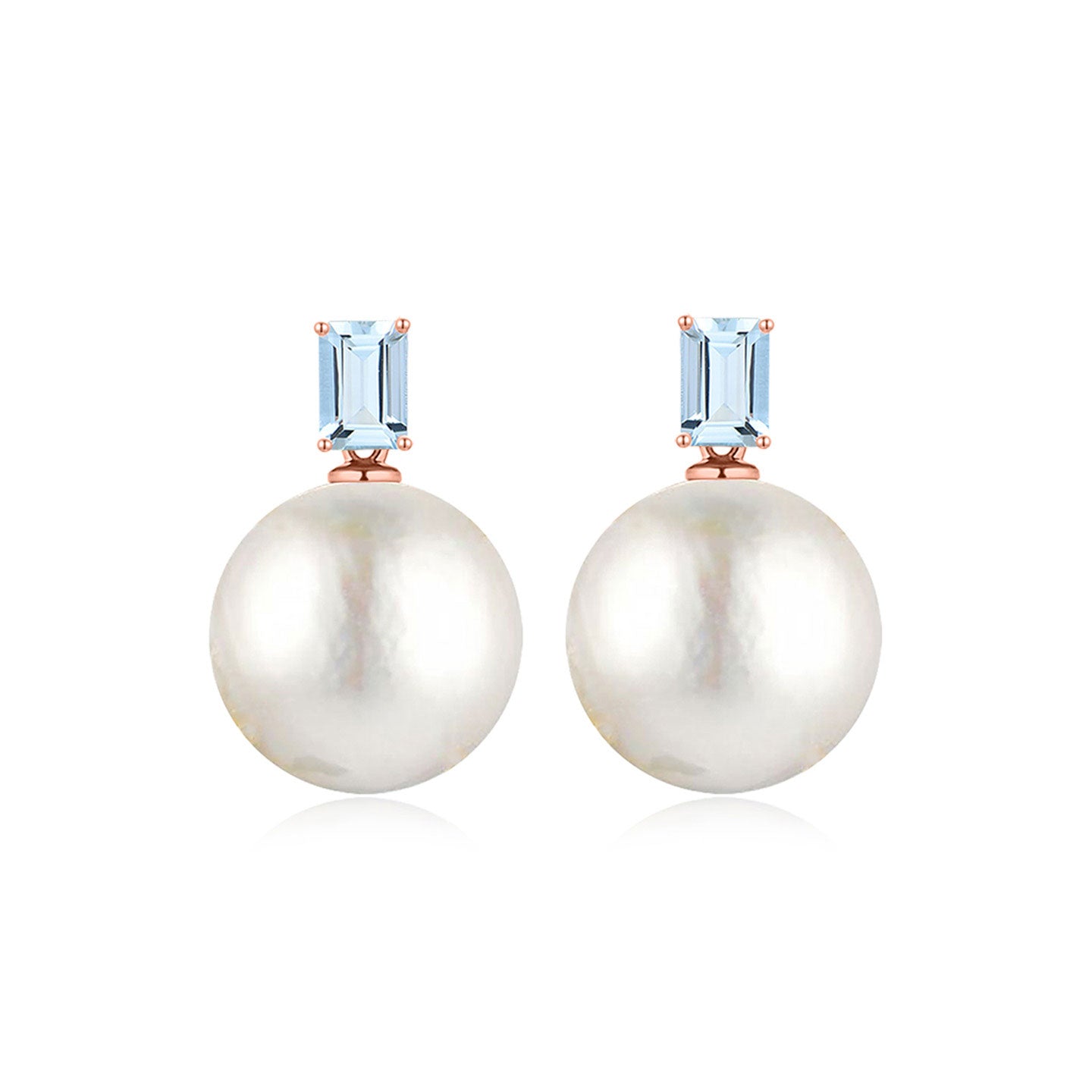 14k rose gold natural sky blue aquamarine and round pearl earrings 