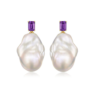 natural amethyst emerald cut convertible baroque pearl earrings 14k yellow gold