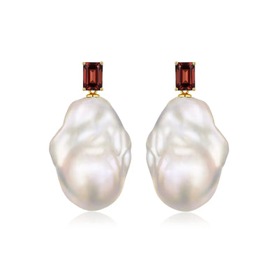 natural red garnet convertible baroque pearl earrings 14k yellow gold