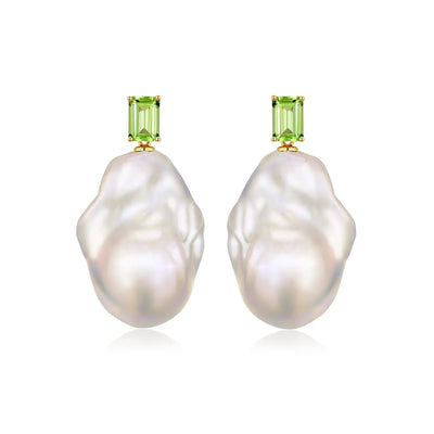 natural peridot green baroque pearl convertible drop earrings 14k yellow gold