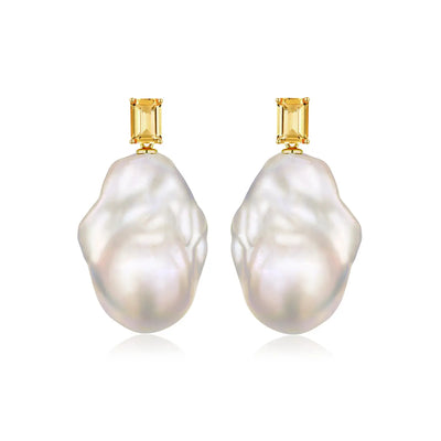 natural yellow citrine baroque pearl convertible drop earrings 14k yellow gold