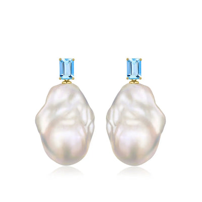 14k yellow gold blue topaz baroque pearl convertible drop earrings