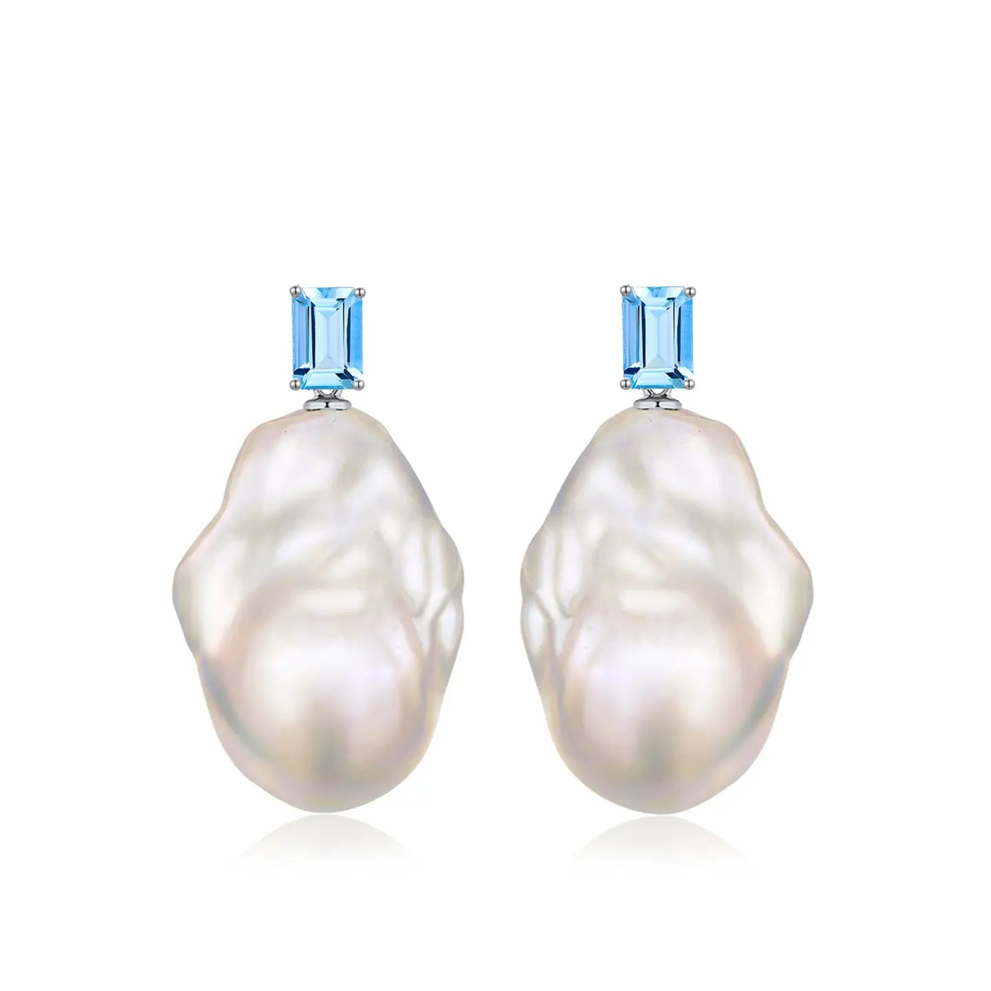 14k white gold emerald cut blue topaz baroque pearl convertible drop earrings