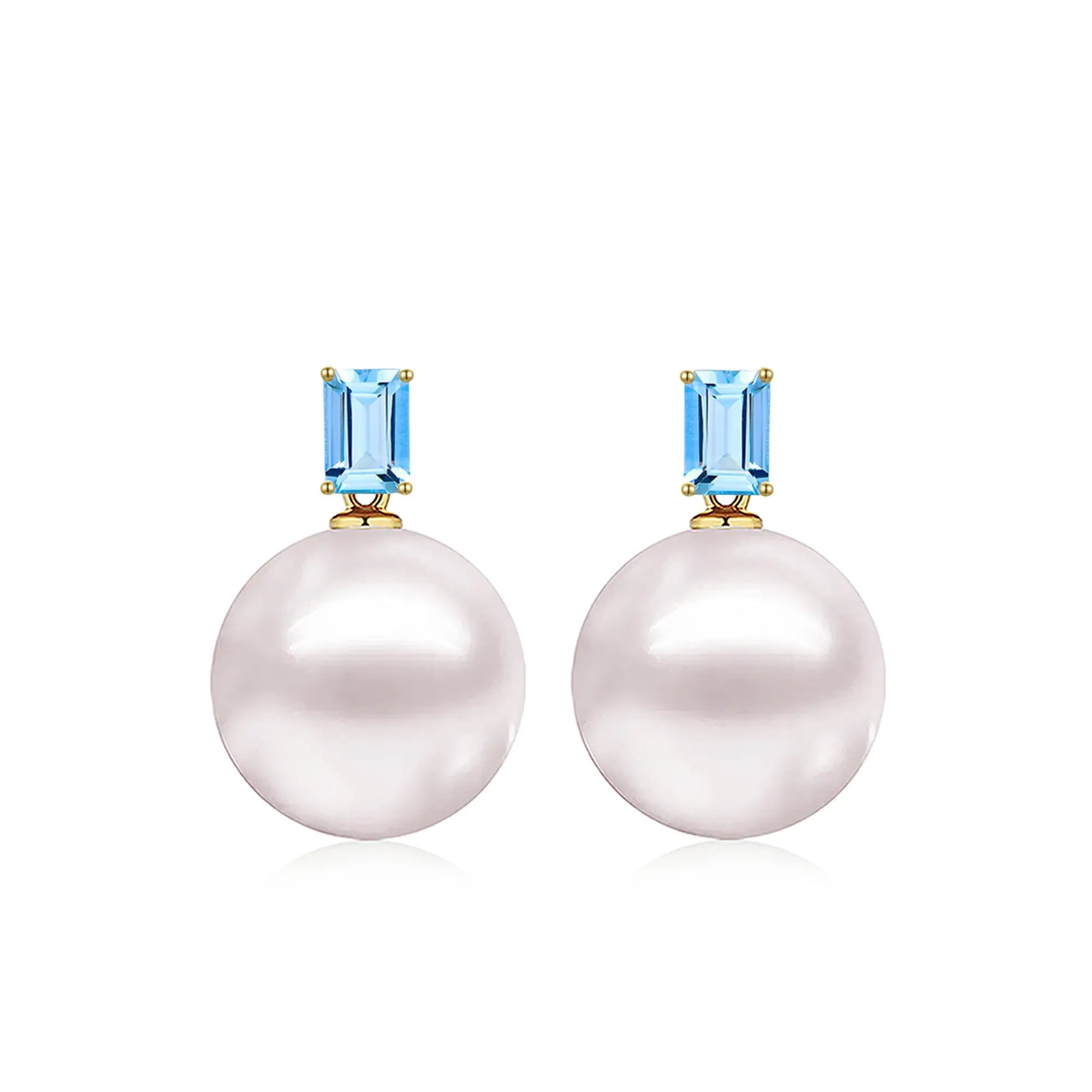 Natural Blue Topaz Cultured Round Pearl Convertible Drop Earrings 14k yellow gold