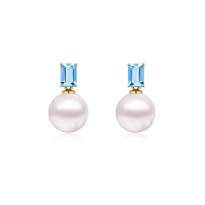 14k yellow gold Fortune Natural Blue Topaz 8-9 mm Cultured Round Pearl Convertible Drop Earrings