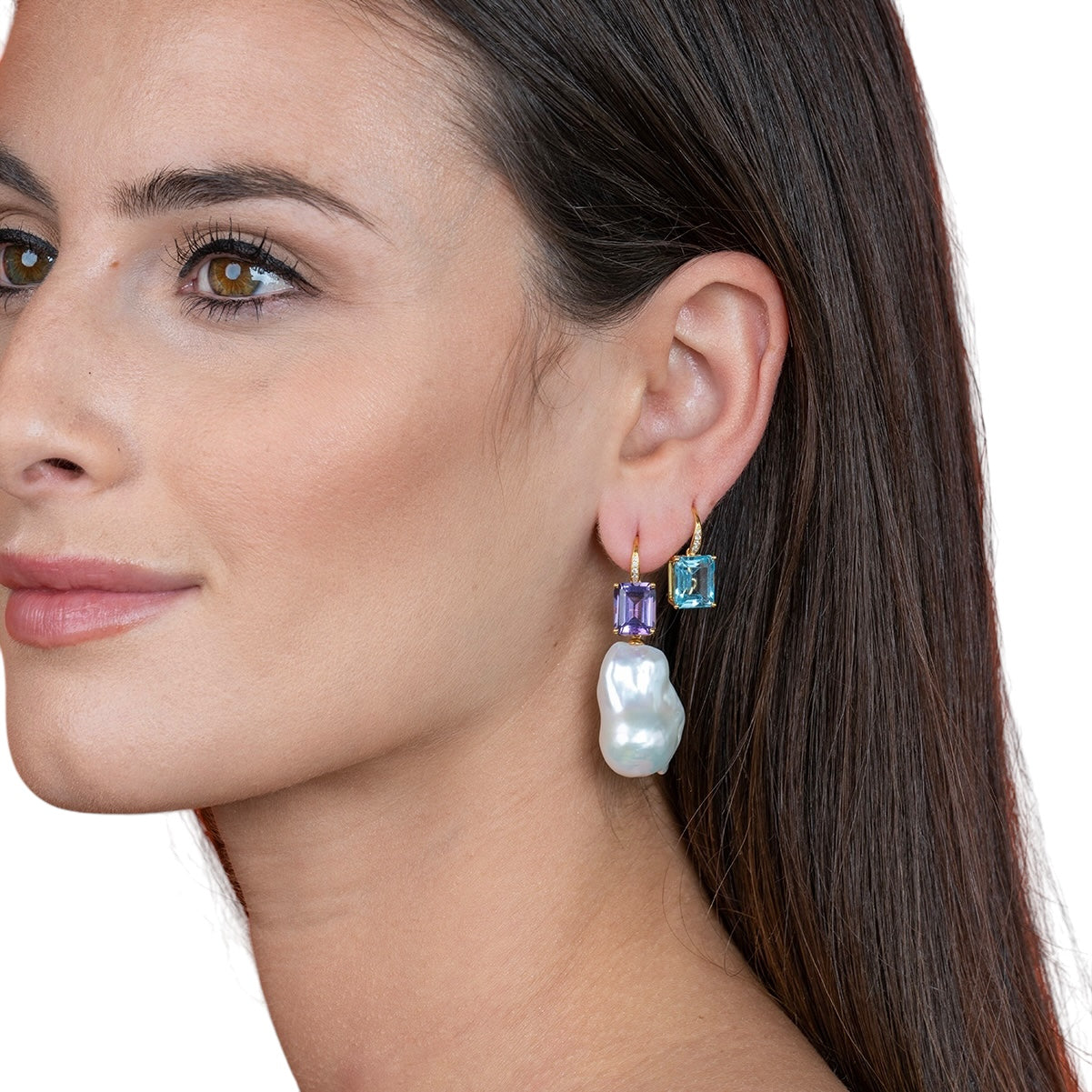 Radiant Emerald-Cut Amethyst Diamond Baroque Pearl Convertible Drop Earrings