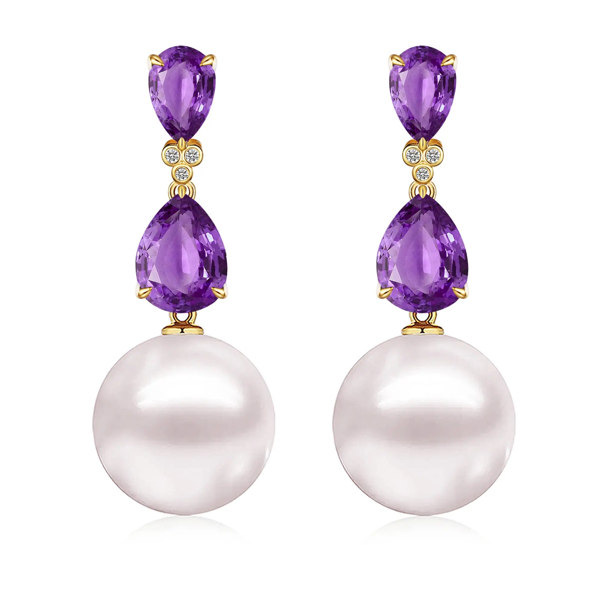 Natural Pear Amethyst Diamond Cultured Round Pearl Convertible Drop Earrings 14k  yellow gold