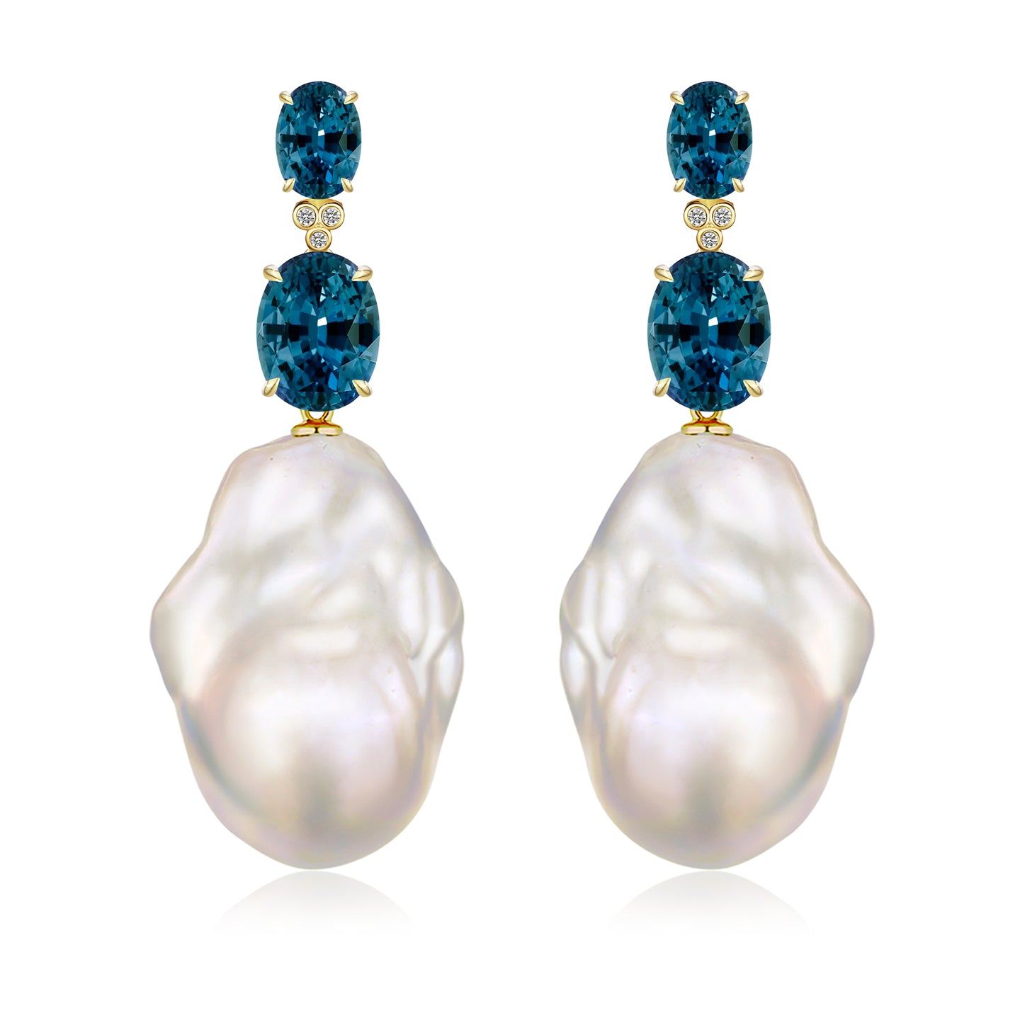 Divina Oval Topaz Diamond Baroque Pearl Drop Earrings