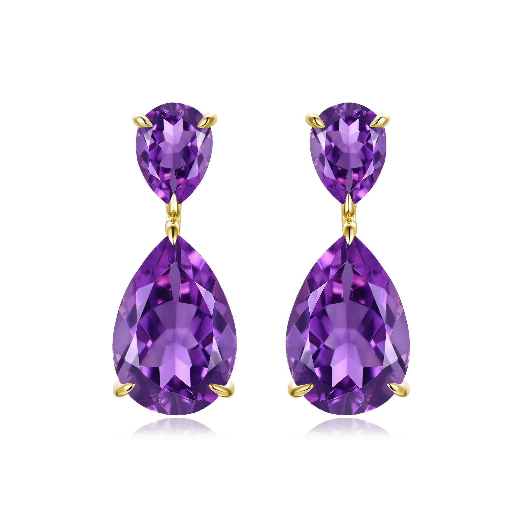 Duet Natural Pear 7.20ctw Amethyst Drop Earrings in 14k solid gold
