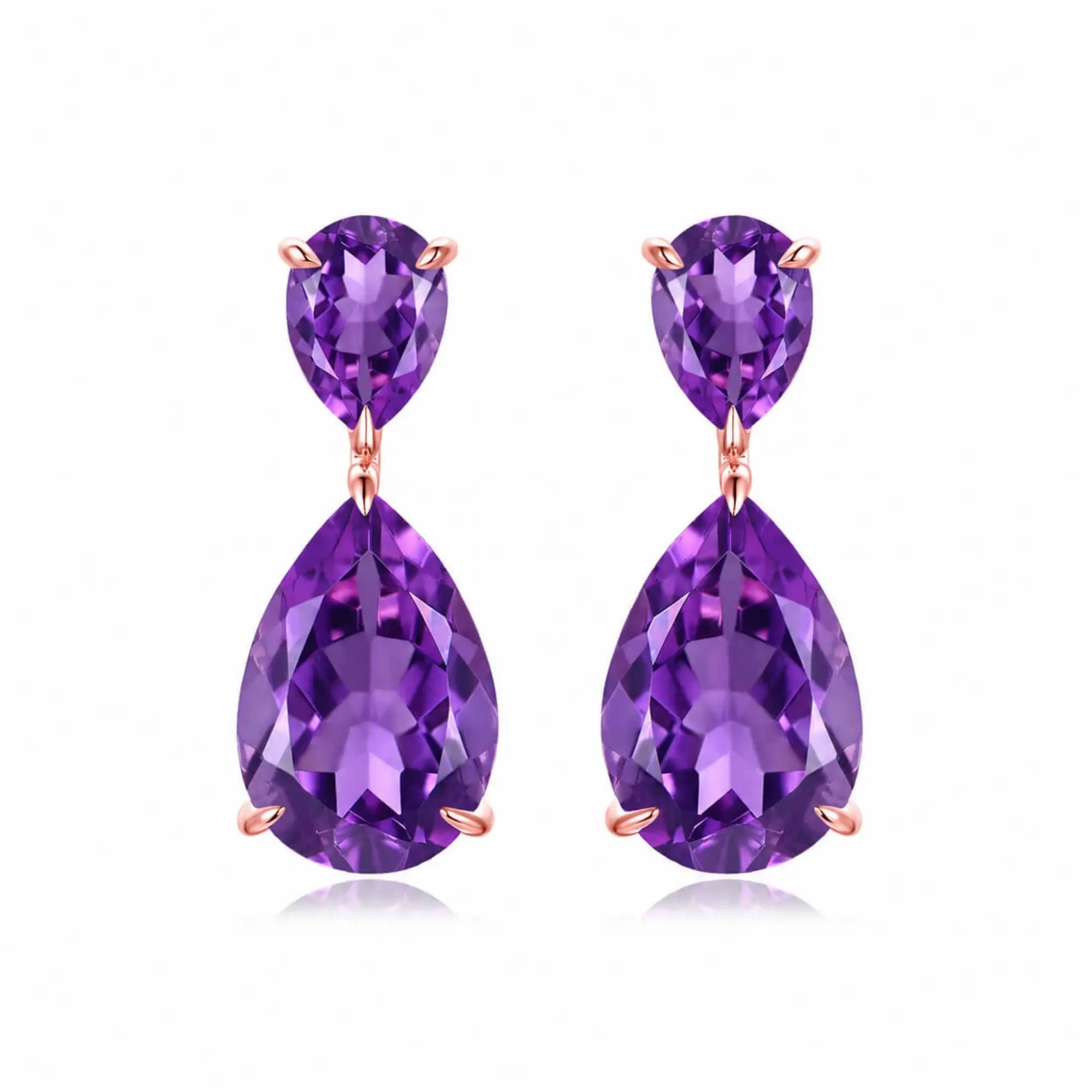 Duet Natural Pear 7.20ctw Amethyst Drop Earrings in 14k rose gold