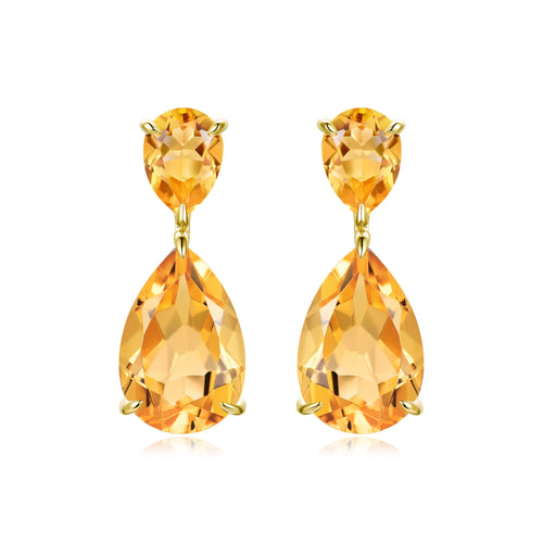 Duet Natural 7.20ctw Pear Citrine Drop Earrings in 14k yellow gold