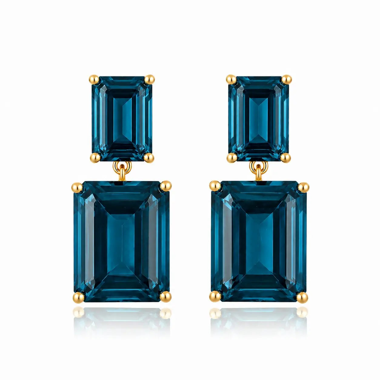 Duet Emerald-Cut Natural 10ctw London Blue Topaz Drop Earrings in 14k solid gold