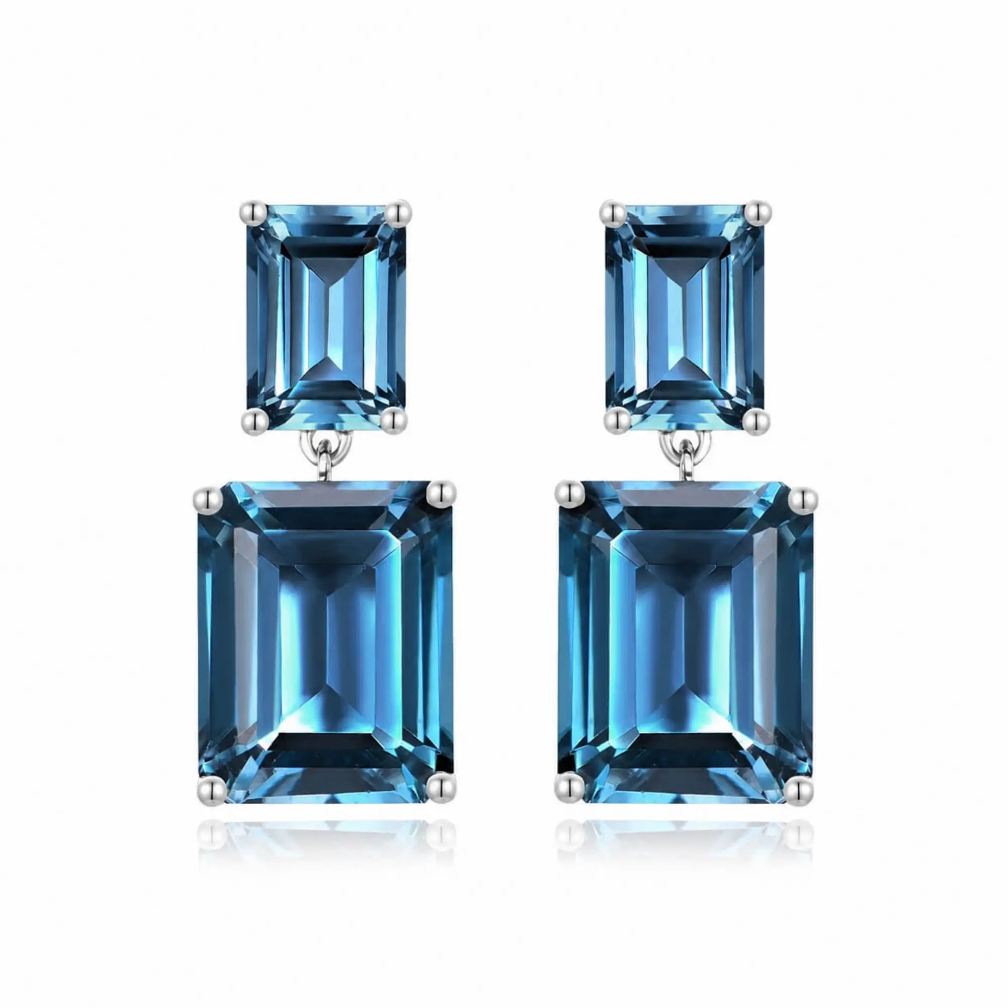 Duet Emerald-Cut Natural 10ctw London Blue Topaz Drop Earrings in 14k white gold
