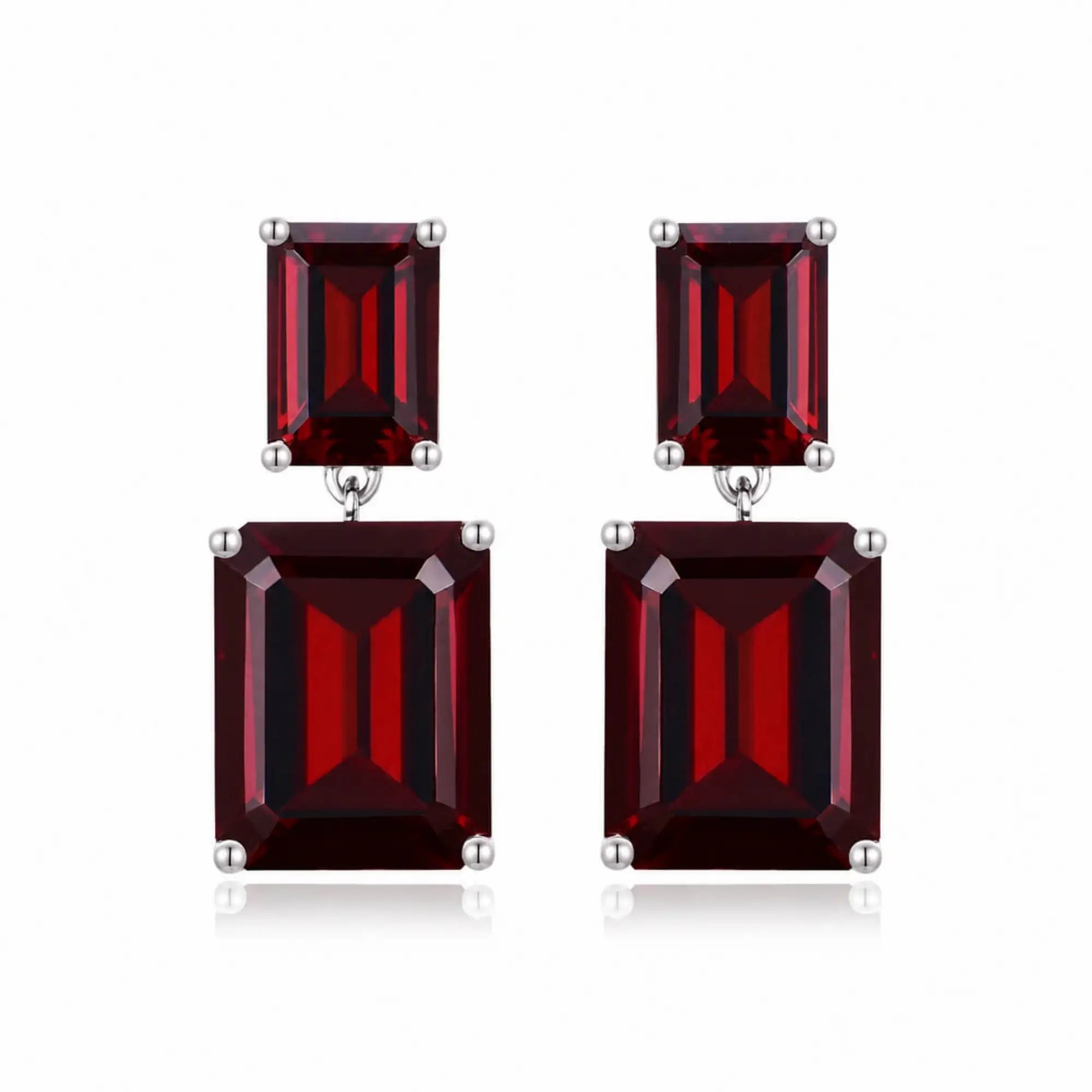 Duet Emerald-Cut Natural 10.8ctw Garnet Drop Earrings in 14k white gold