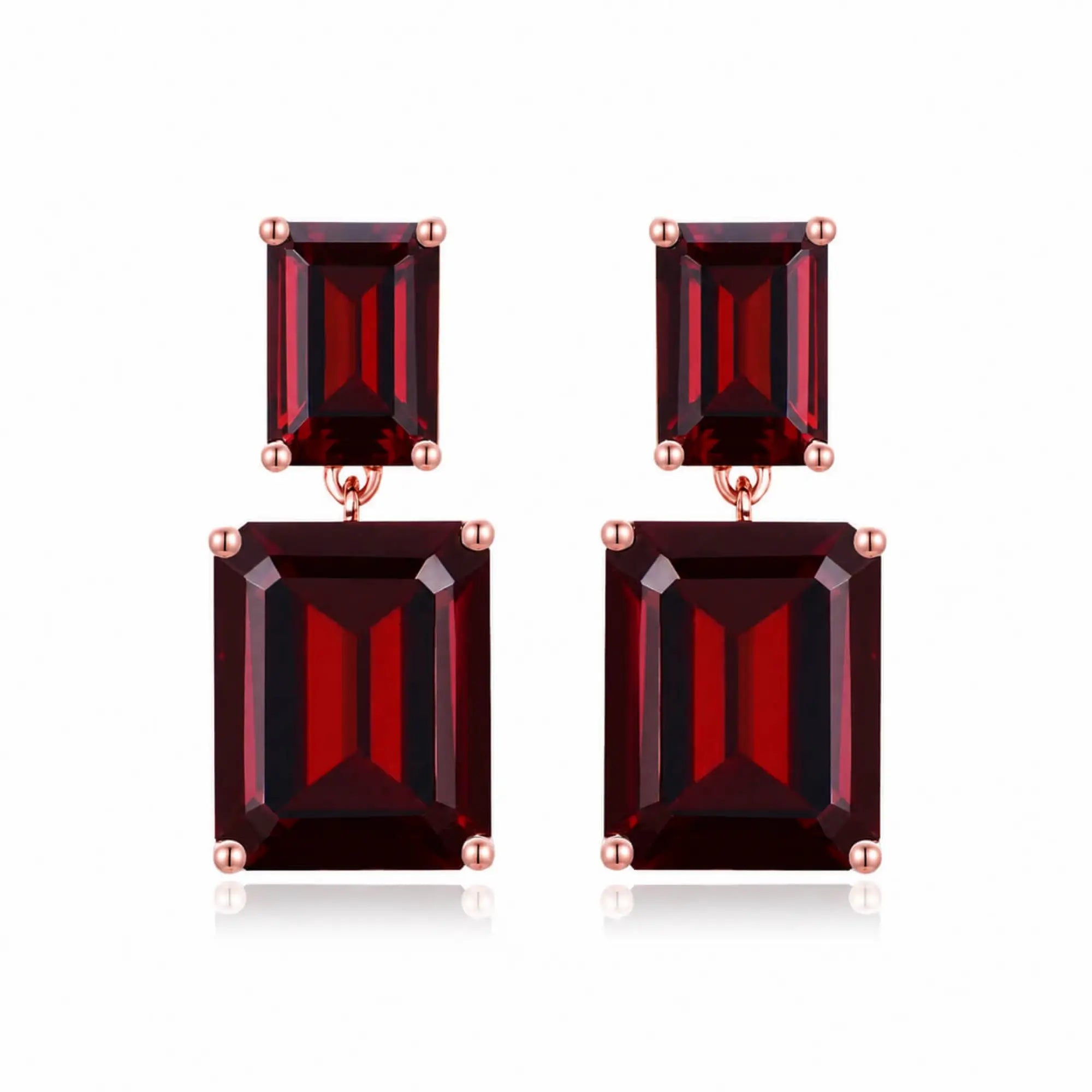 Duet Emerald-Cut Natural 10.8ctw Garnet Drop Earrings in 14k rose gold